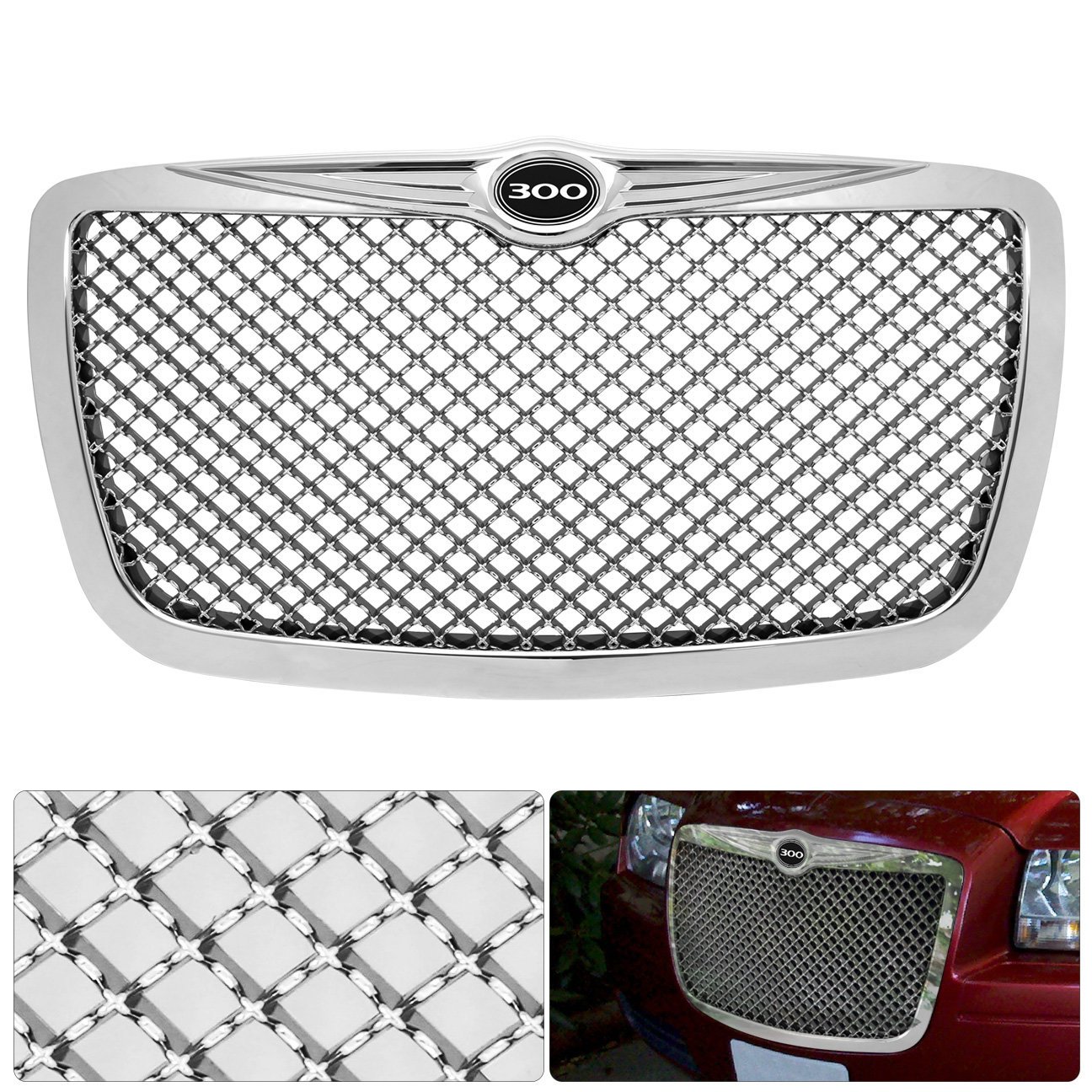 AJP Distributors Upgrade Compatible/Replacement For 300 300C Logo Emblem Badge Chrome Diamond Mesh Front Hood Bumper Grille Grill