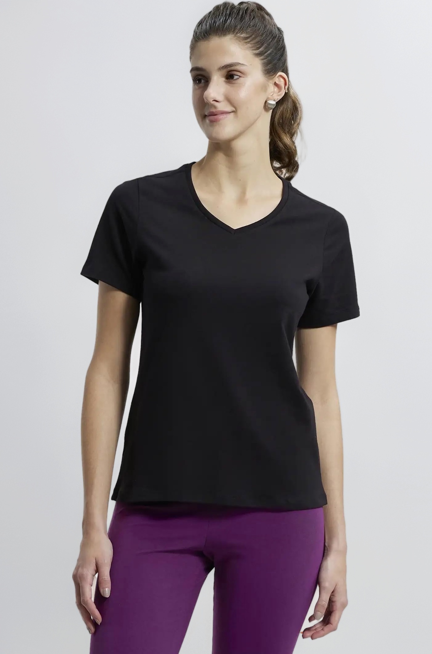 1359 Women's Super Combed Cotton Elastane Stretch Regular Fit Solid V Neck Half Sleeve T-Shirt