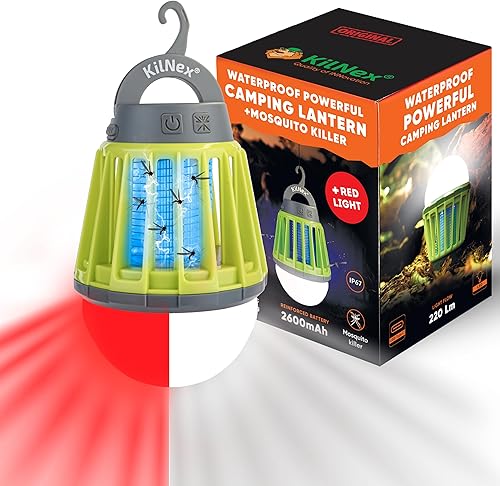 Linterna de camping con protección contra mosquitos  Batería recargable, carga USB tipo C  Impermeable IP67  Luz blanca y roja  Portátil compacto