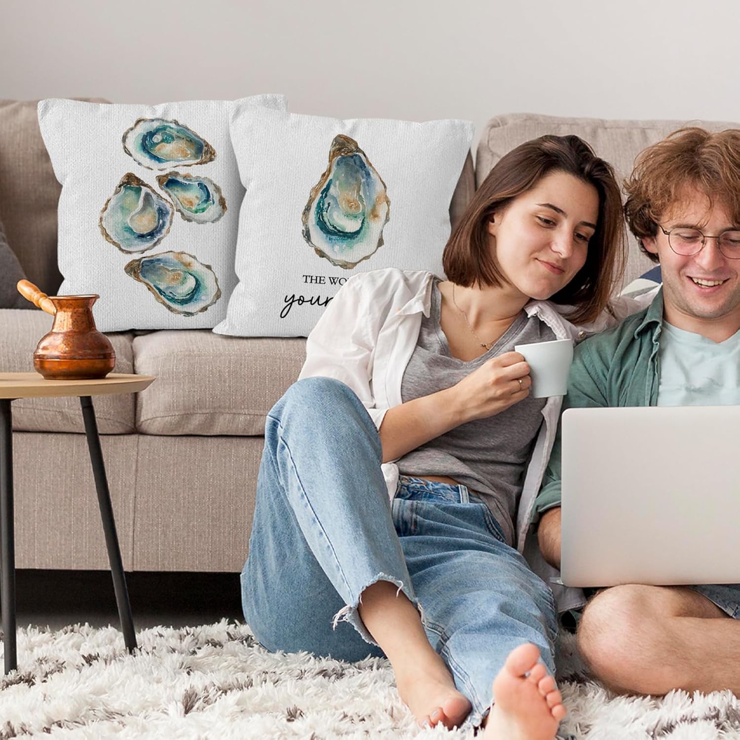 Oyster Coastal Throw Pillow Covers 18x18 Set of 2,Vintage Nautical Beach Home Decor,“The World is Your Oyster” Quote Decorative Pillow Covers for Bedroom Couch - Image 4