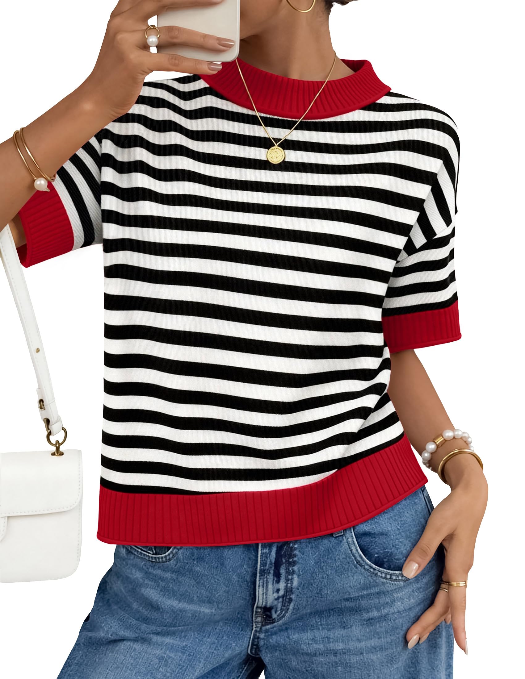 zesica Women's Short Sleeve Sweaters 2026 Summer Crewneck Soft Loose Knit Work Blouses Tops Trendy Outfits-picture-49