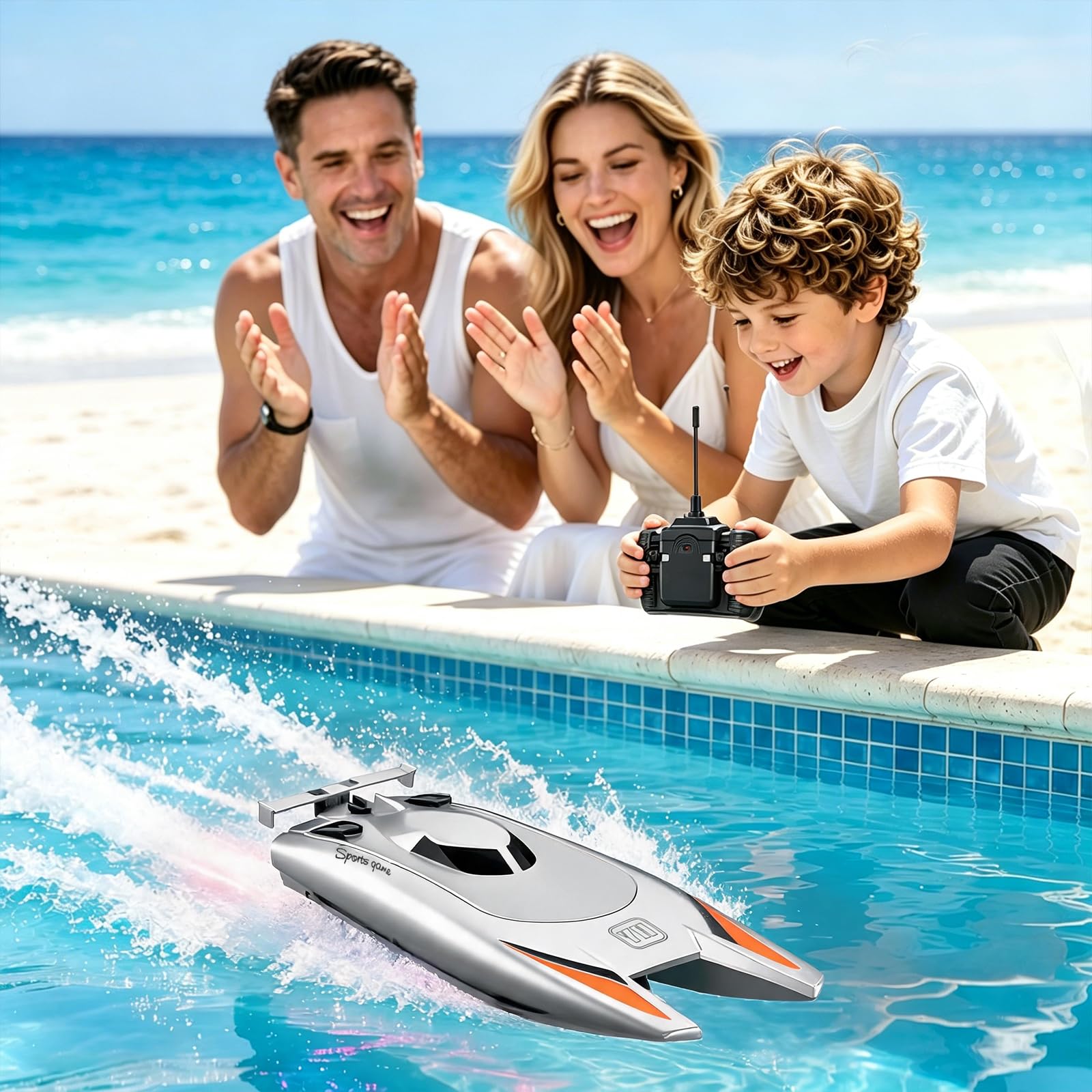 Barca telecomandata per bambini e adulti, barca da corsa ad alta velocità da 15 km/h, con doppio motore, barca da corsa ad alta velocità, 25 km/h, 2 canali per piscine o laghi (argento)