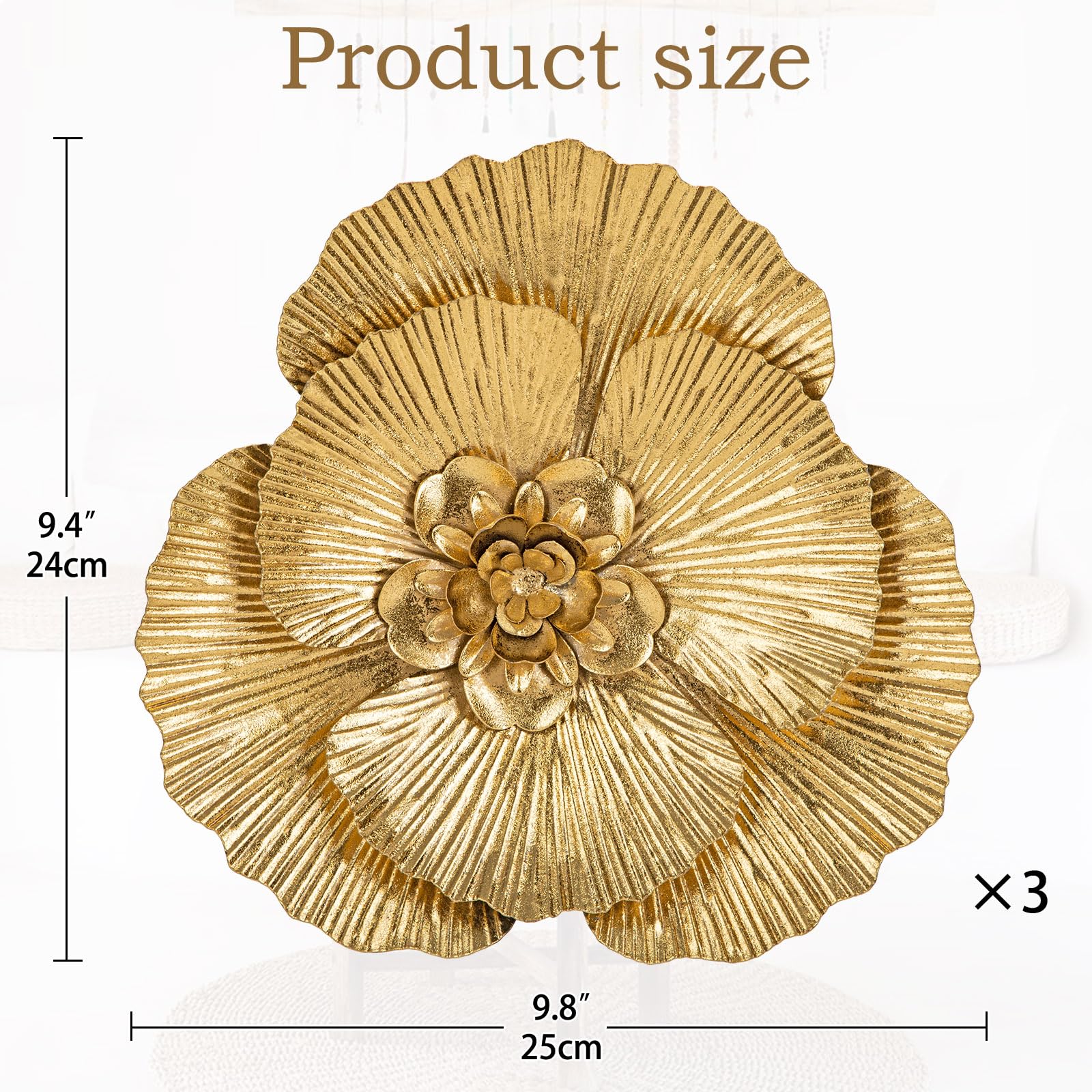Oairse Juego de 3 flores de metal de magnolia para decoración de pared, esculturas florales 3D, decoración moderna de pared dorada, decoración de pared rústica de metal para colgar en la pared de sala