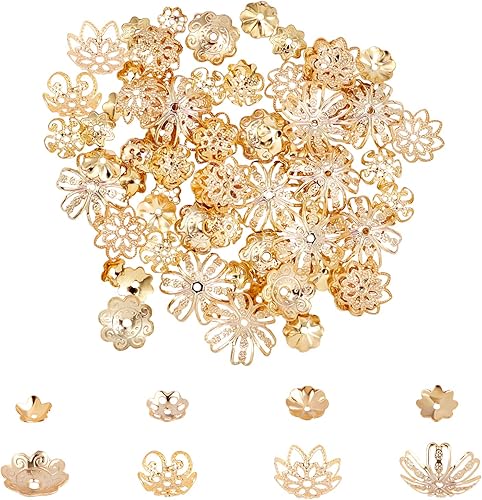 UNICRAFTALE 8 formas alrededor de 80 piezas de acero inoxidable espaciador de cuentas tapas de flores tapas espaciadoras de cuentas doradas cuentas