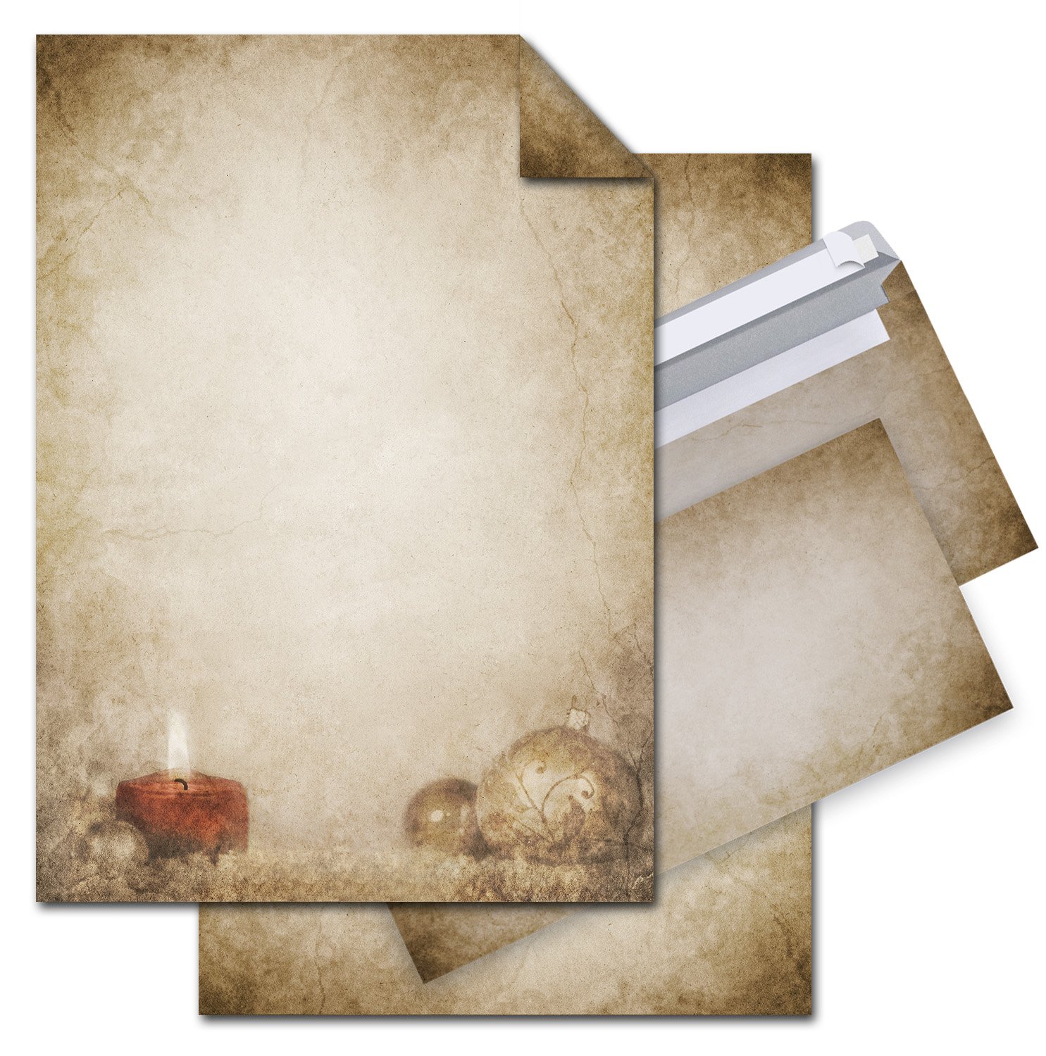Logbuch-Verlag set 100 fogli da lettere vintage con candela e palla di Natale stampa su entrambi i lati + 100 buste da lettere natalizie d’auguri scrittura inviti feste Avvento ideale per stampante