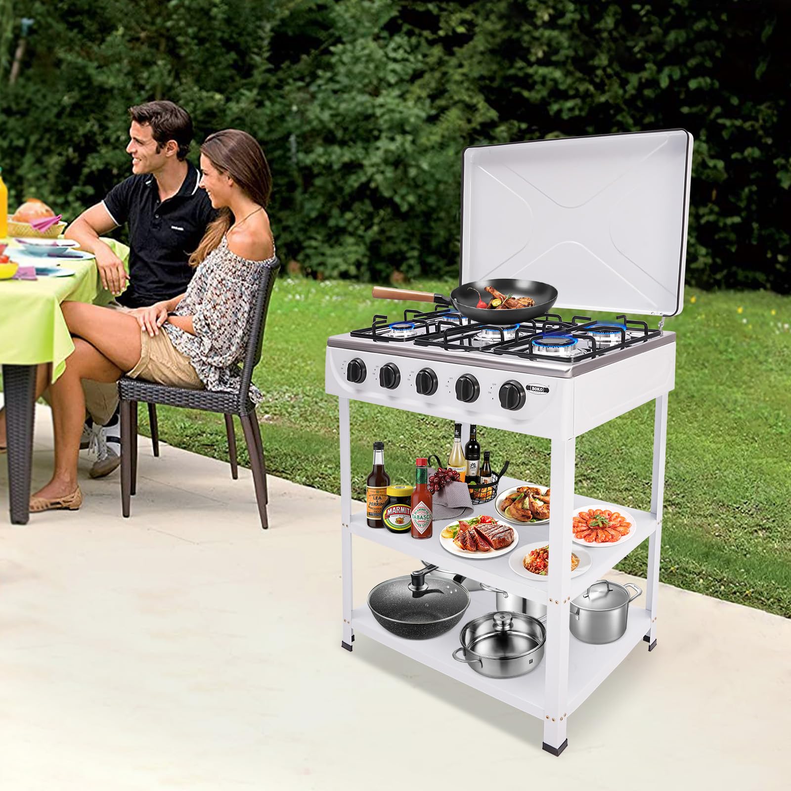 Plaque de cuisson à gaz 5 feux, Plaque de cuisson à gaz avec support antidérapant, Chariot de barbecue avec couvercle, Réchaud à gaz autonome, Réchaud de camping, pour voyages de camping