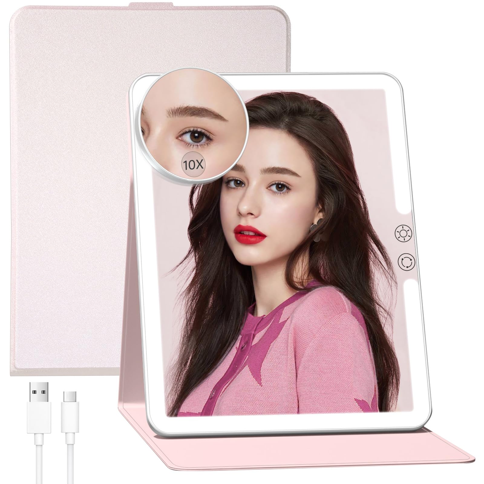 FUNTOUCH 2500mAh Large Rechargeable Travel Makeup Mirror with Lights, Portable Makeup Mirror with 10X Magnifying Mirror 3 Lighting Modes, Tabletop