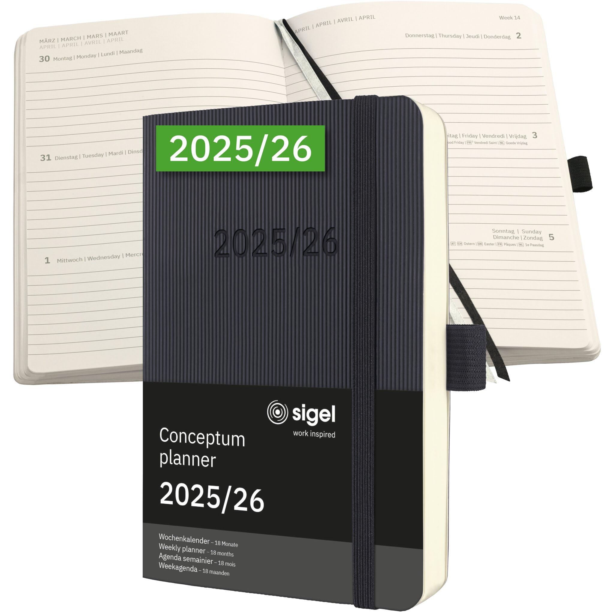 SIGEL C2607 Wochenplaner Wochenkalender 2025/2026, ca. A6, schwarz, Softcover, 240 Seiten, Gummiband, Stiftschlaufe, Archivtasche, nachhaltiges Papier, 18-Monatskalender, Kalenderbuch Conceptum