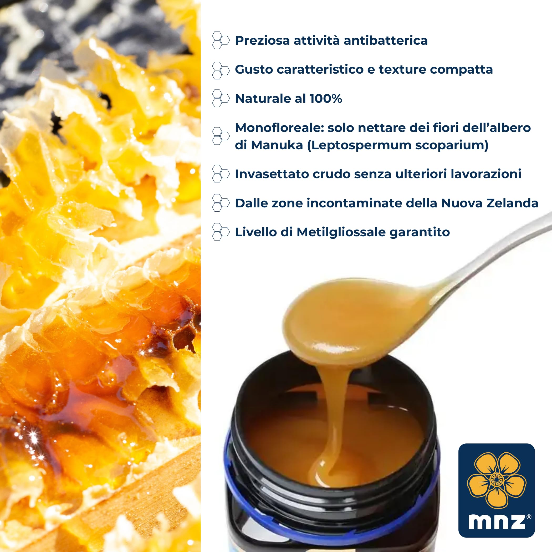 MNZ Miele di Manuka crudo 400+ MGO da 250 grammi, monofloreale puro, prodotto e invasettato crudo in Nuova Zelanda