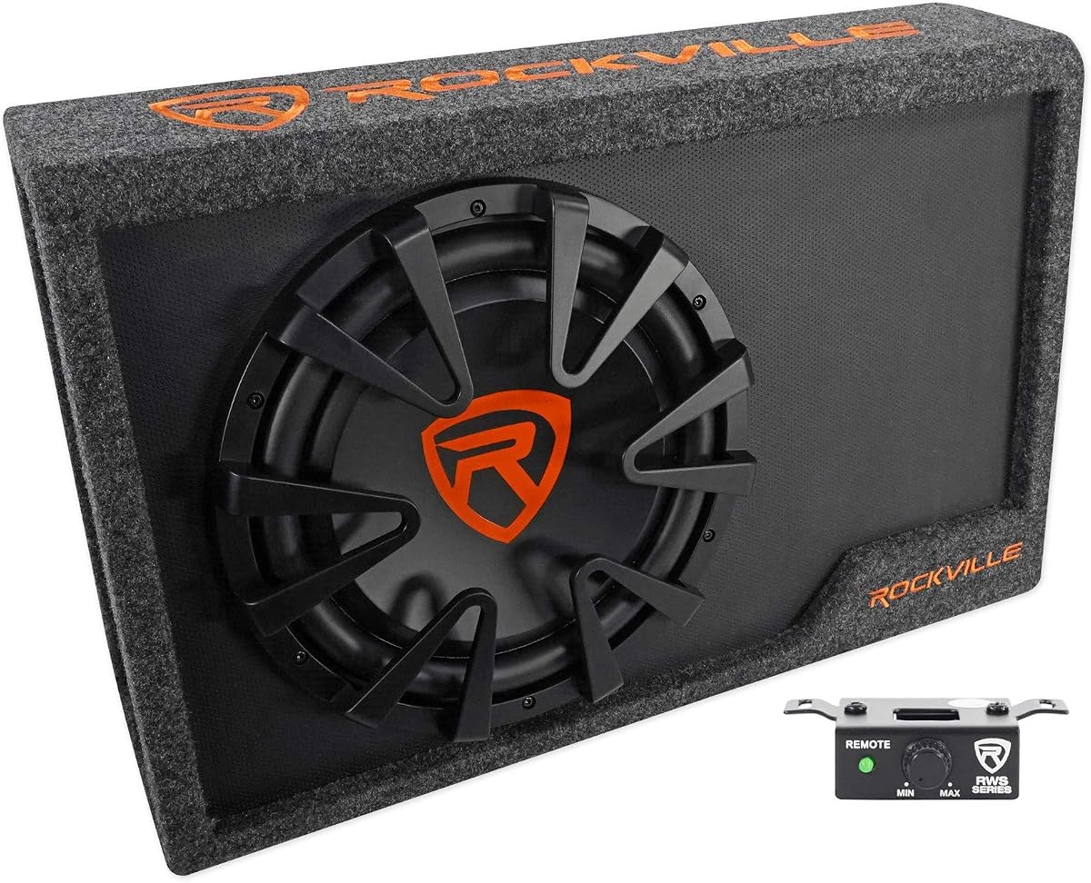 Rockville RWS12CA Caja de subwoofer para automóvil amplificada de 1200 W, 12 pulgadas, 4 ohmios, diseño delgado, amplificador incorporado, control remoto de graves, para automóviles, camionetas y SUV | Pico de 1200 W, 300 W RMS, amplificador mono incorporado, entradas de nivel alto y bajo, cruce de paso bajo, perilla de graves para tablero