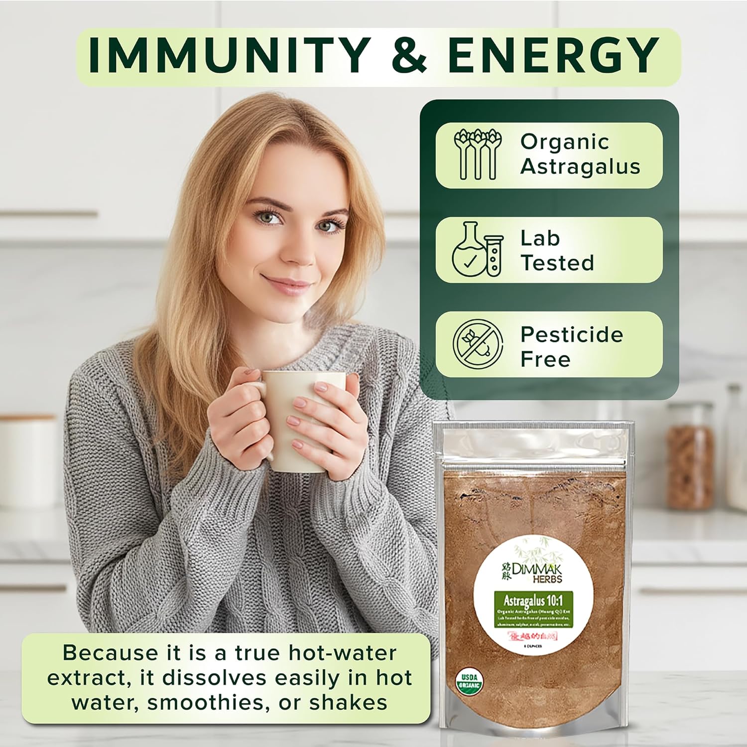 Dimmak Herbs Organic Astragalus Root Extract 10:1 Powder (Ultra Potent Immune Tonic)- TCM Doctor Sourced Huang Qi for Vitality, Telomere Support & Jing- No Cooking Needed, Instant Tea (4oz) - Image 3