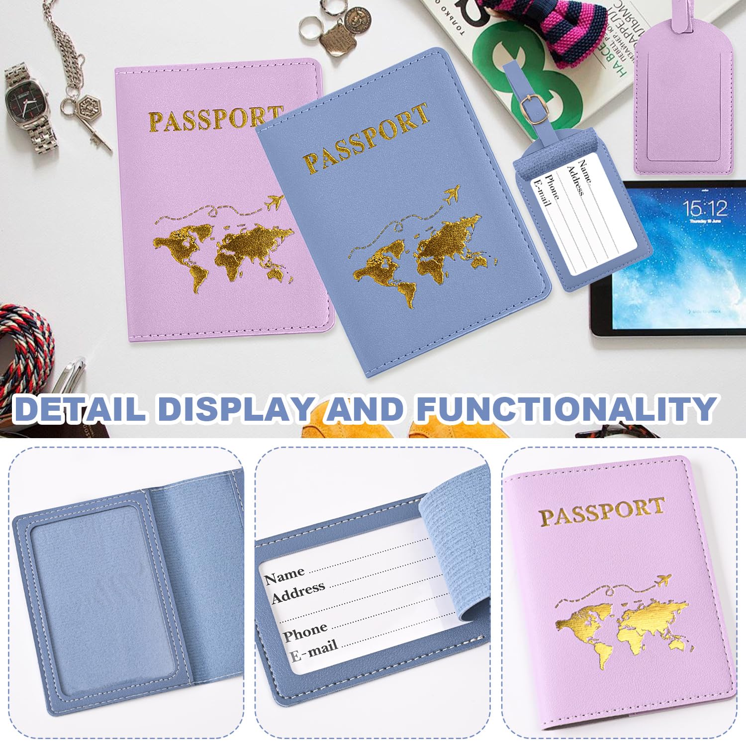 Custodia per passaporto, 2 pezzi Custodia per passaporto con 2 targhette per bagagli, Porta passaporto, Copertina per passaporto, Custodia per passaporto, Custodie per passaporto con targhette