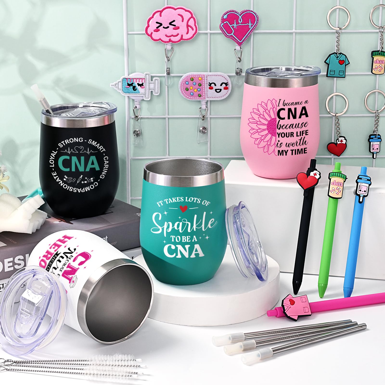 Lifecapido CNA Week Gifts Bulk 2026, 4 Pack 12oz Insulated Wine Tumblers with Badge Reels, Ballpoint Pens and Keychains, CNA Gifts for Certified Nursing Assistants Women