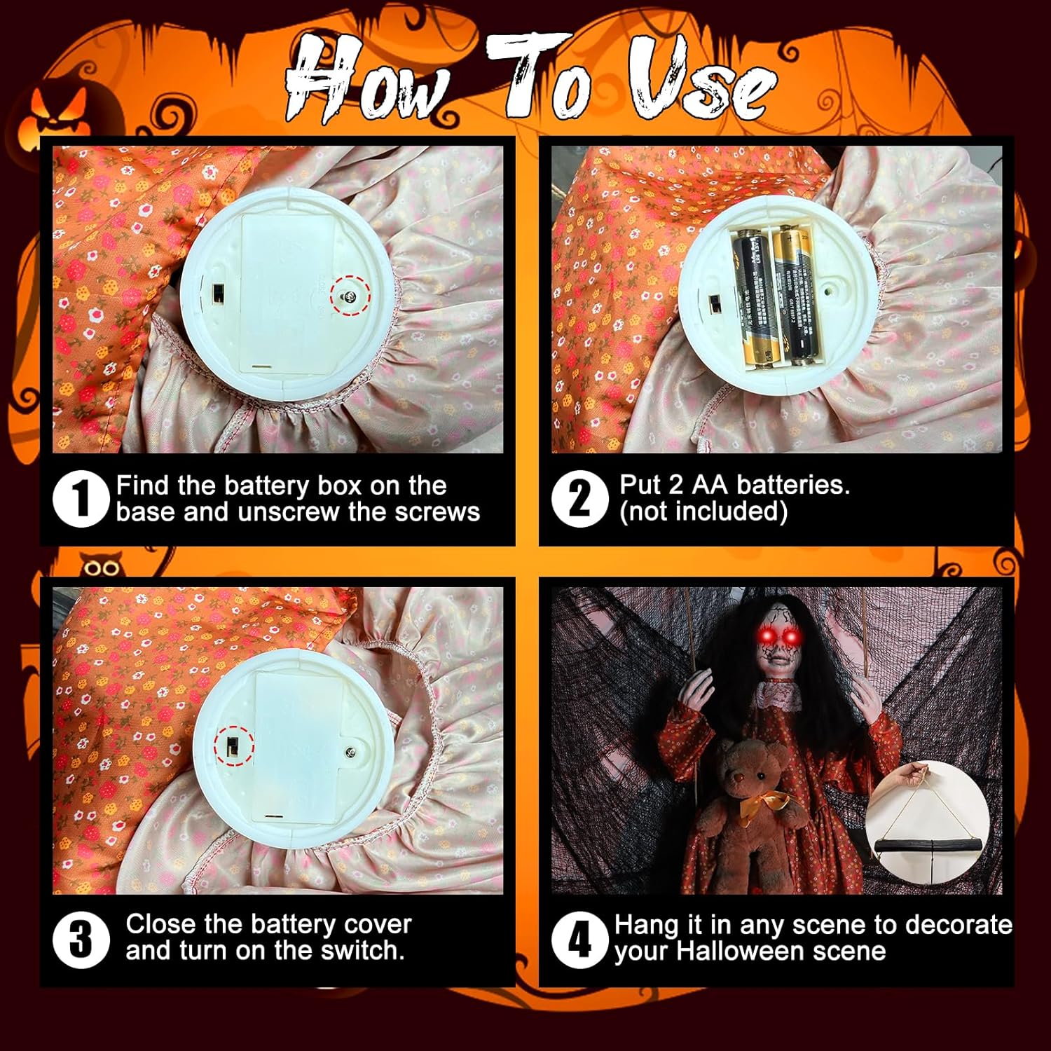 Scary Halloween Decorations Outdoor, Halloween Hanging Swinging Girl Ghots Decor with Creepy Sound and Light Up Eyes Sound, Creepy Props for Yard Trees Graveyard Haunted House Indoor Outside