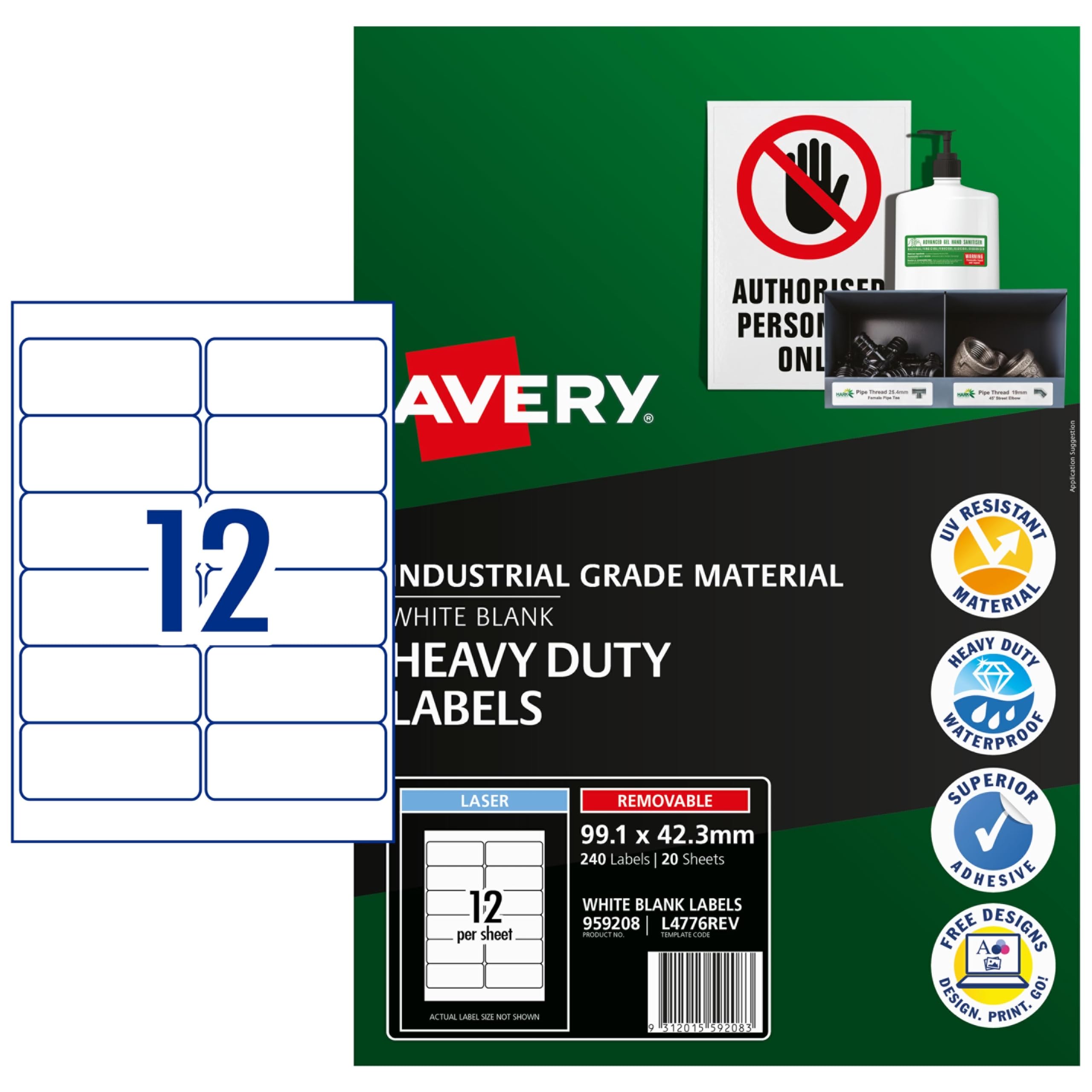 Avery - Etichette rimovibili per stampanti laser, resistenti all'acqua, 99,1 x 42,3 mm, 240 etichette (959208 / L4776REV)