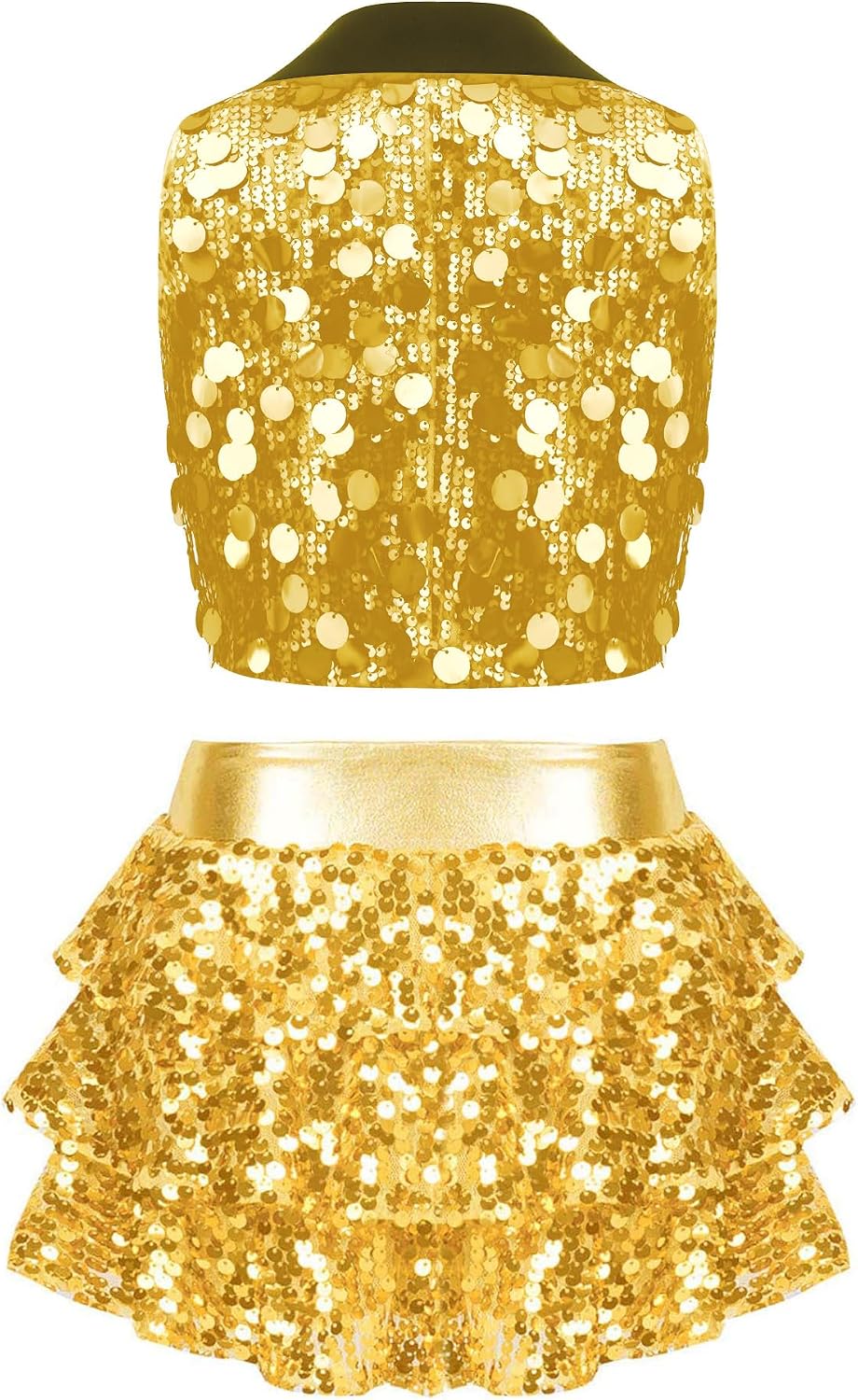 YiZYiF Girls Sequin Waistcoat Sleeveless Hip-hop Jazz Dance Top Tiered Ruffle Culottes for Carnival Gold 8 Years