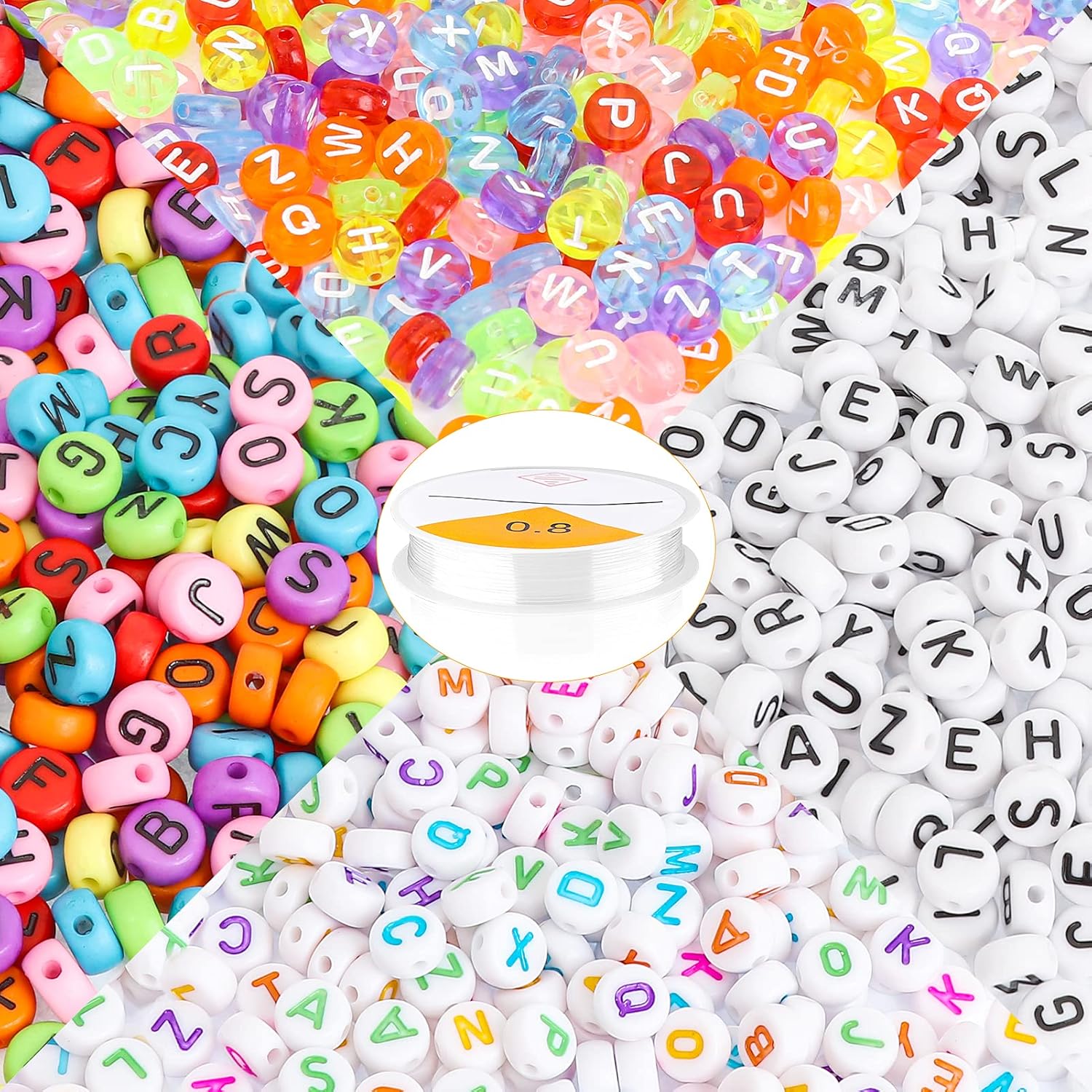 800 Pieces 4x7mm Round Acrylic Alphabet Letter Beads for Jewelry Making Bracelets Necklace with 1 Roll Elastic Crystal String Cord