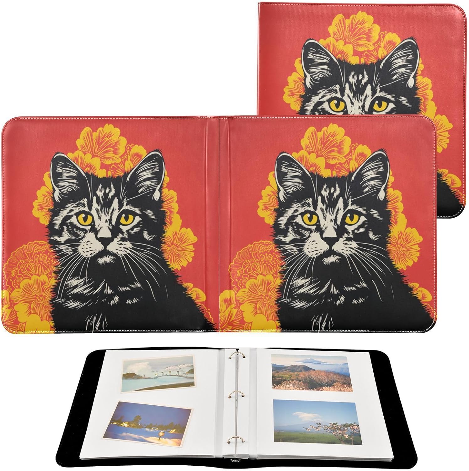 JIPONI Black Cat with Gold Flower Large Photo Album, DIY Leather Cover Scrapbook Albums for 4x6 5x7 6x8 Pictures, Self Adhesive Memory Book for Wedding, Baby, Family