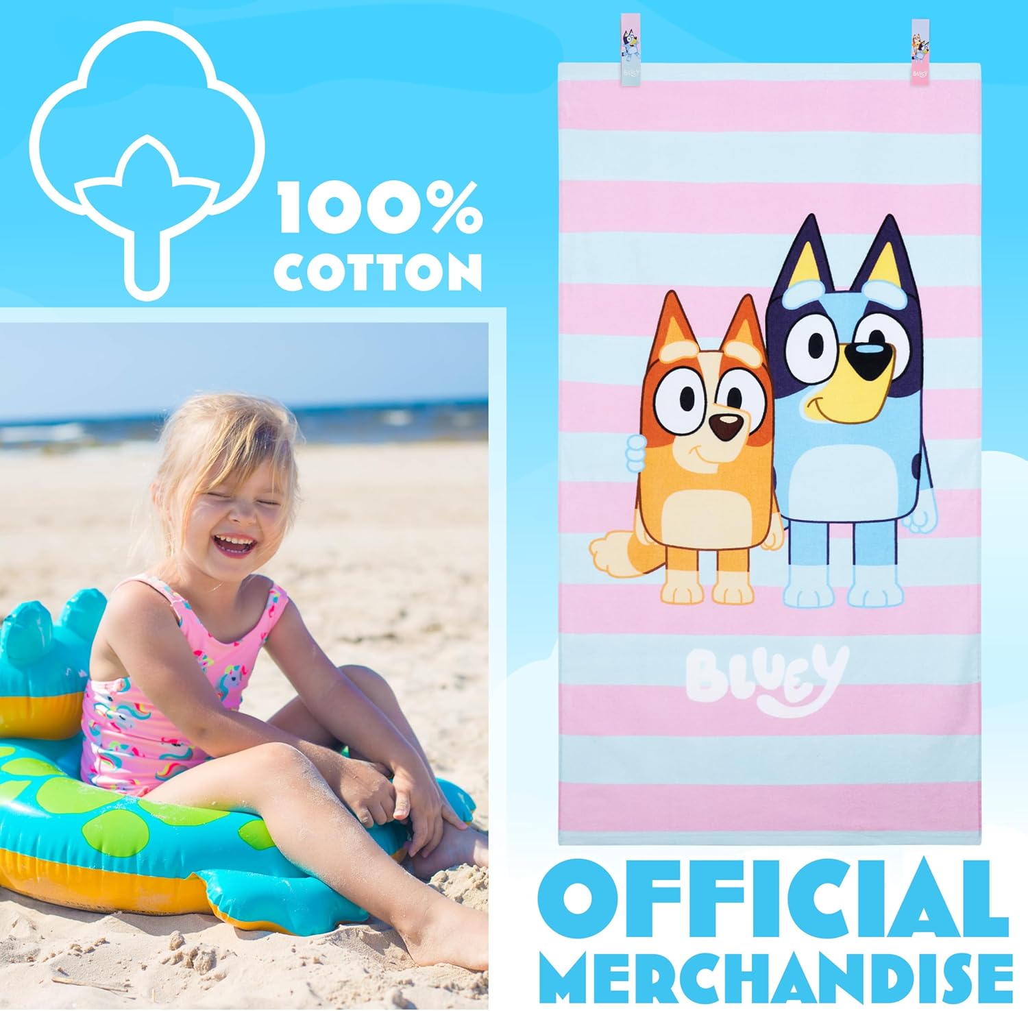 Bluey Beach Towel with 2 Clips Kids Toddlers Quick Dry Towel for Pool Beach Bath Swimming Trips Travel Essentials 55x27”