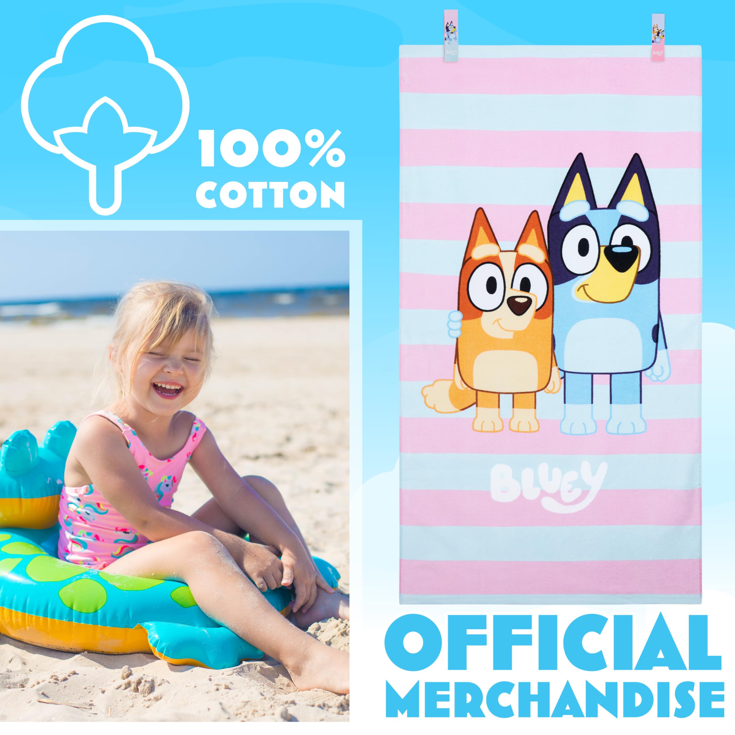 BlueY Asciugamani Bambina avec 2 Mollette Asciugamano da Mare Absorbant 100% Cotone Teli Mare Bambini Séchage Rapide 140x70cm Accessori Viaggio