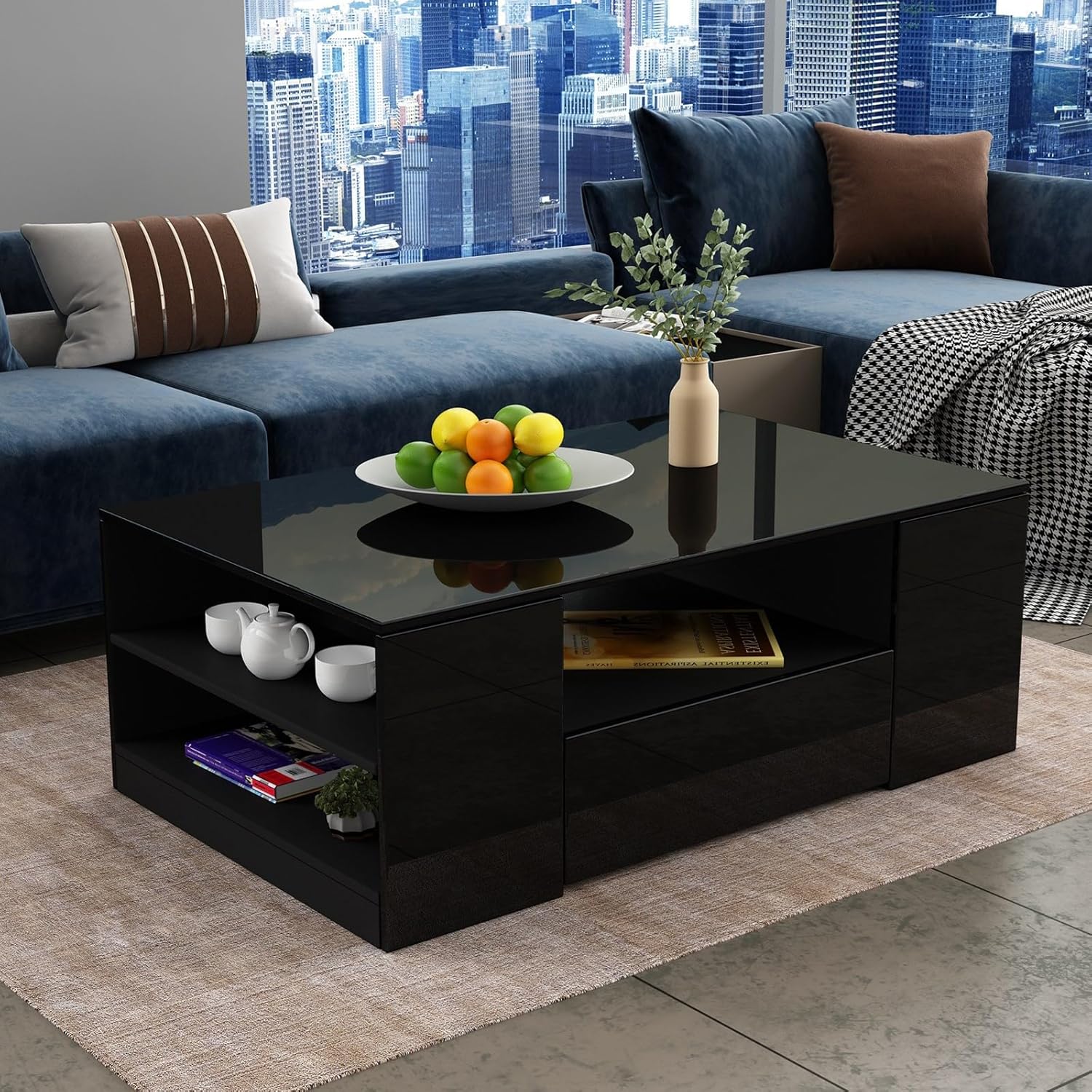 Coffee Table, Centre Table Tea Table for Living Room, Black Gloss Coffee Table with Storage ...