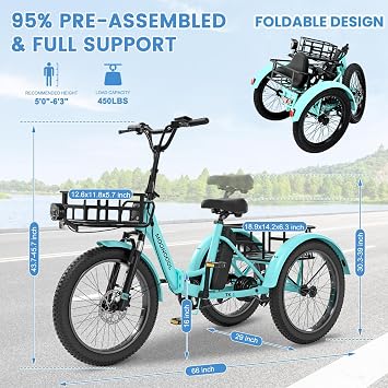 MOONCOOL Foldable Electric Tricycle for Adults, 20 Aluminum E-Trike with Multi-Speed & Long Range Options, Rear Differential, Front Suspension, 450 lbs Max Payload, 95% Pre-Assembled