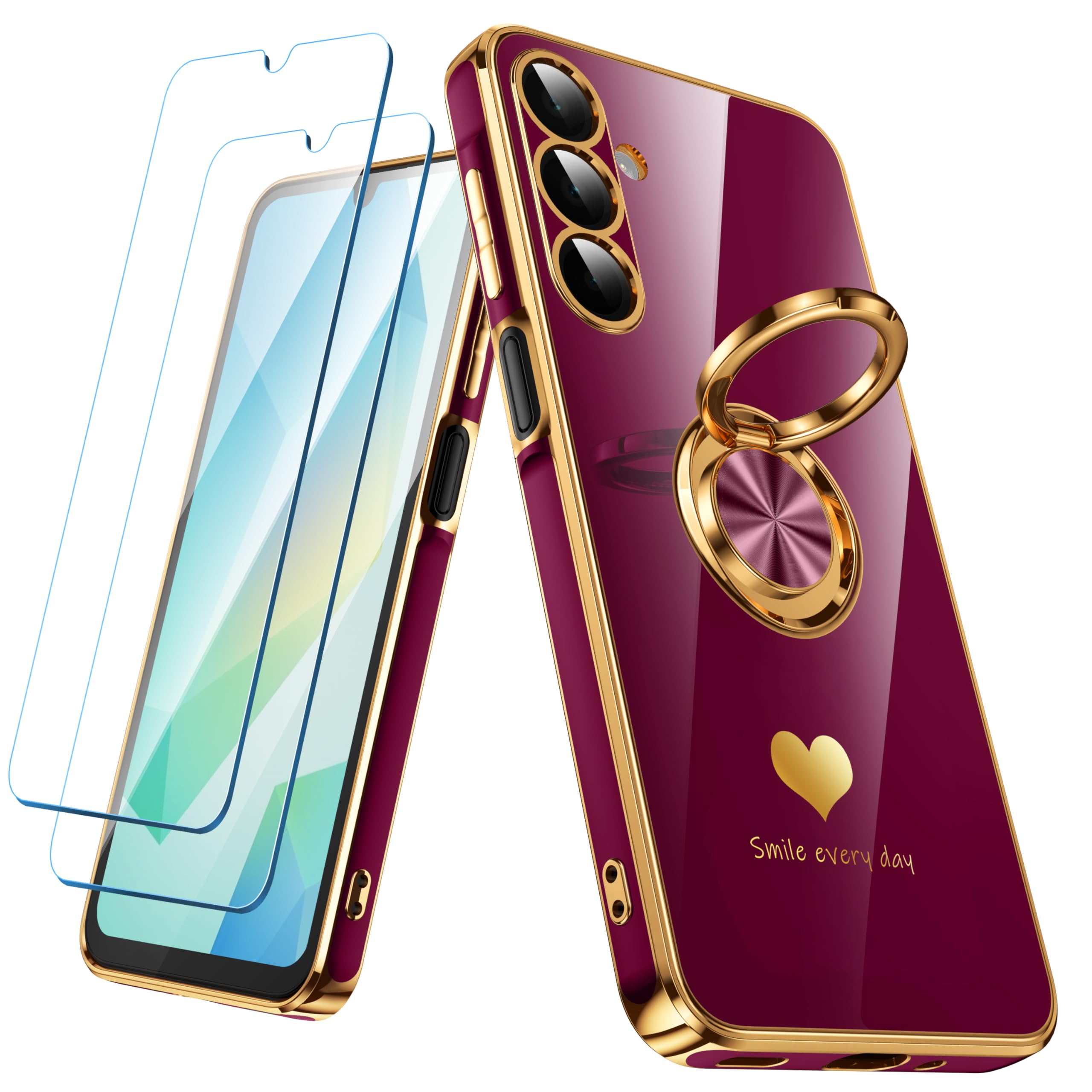Nonional for Samsung Galaxy A16 5G Case with 2 Pack Screen Protector, 360° Rotatable Ring Holder [Luxury Hearts Pattern] Plating Gold Edge Slim Soft