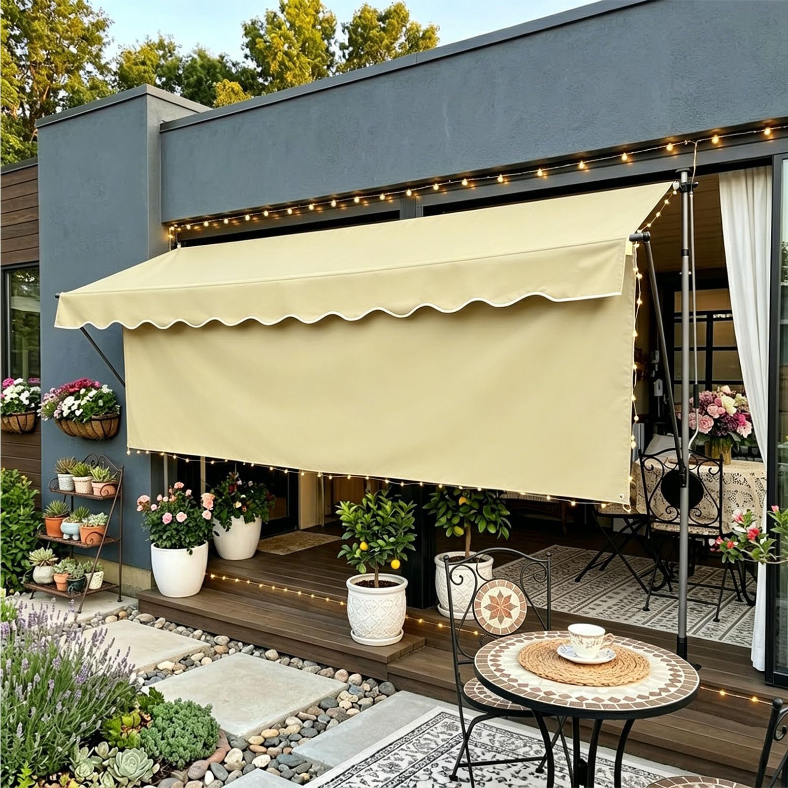 Toldo retráctil manual de 120 x 400 cm, sin taladro, con cenefa adicional de 1 m, parasol ajustable para exteriores, protección UV, impermeable, marco de aluminio para patio