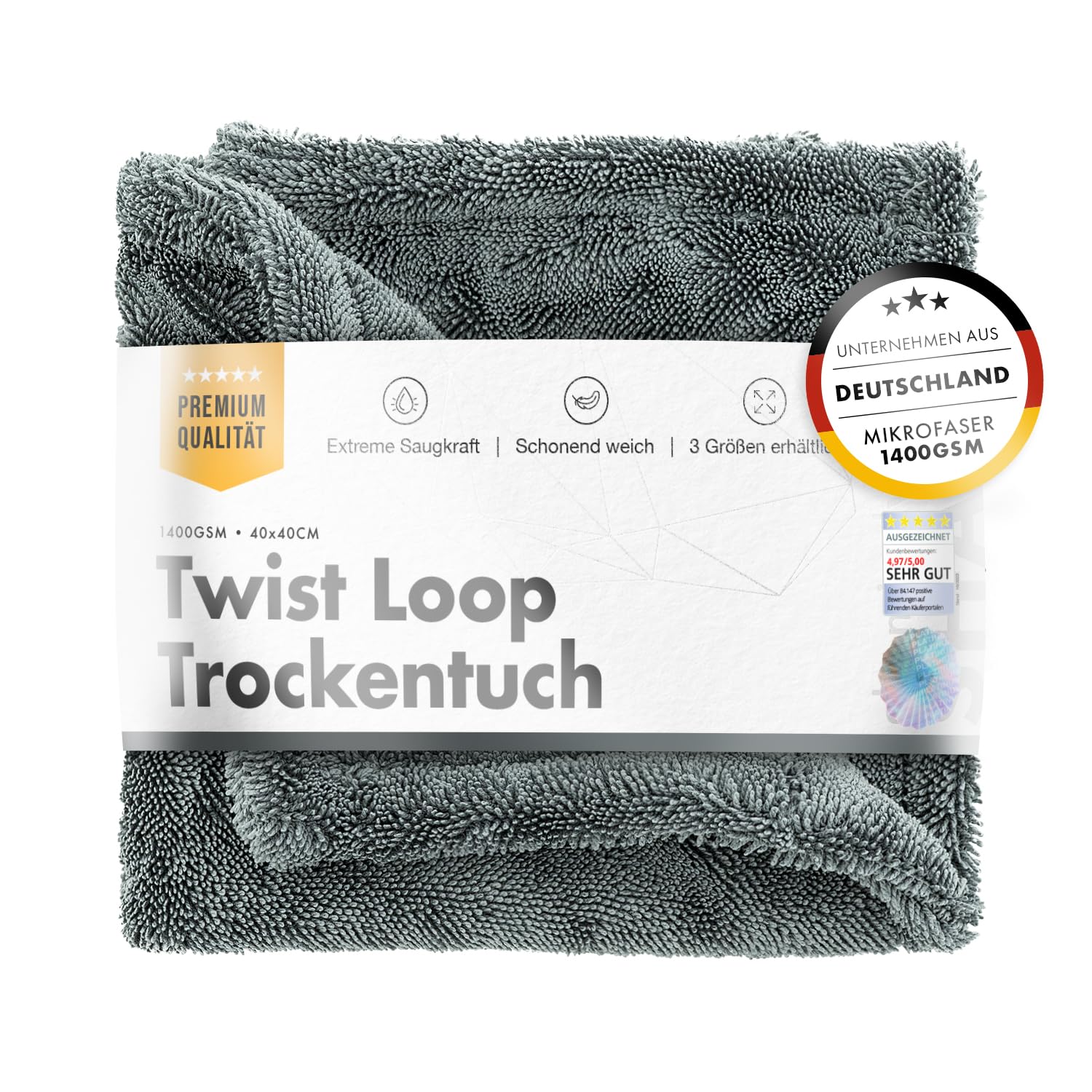 Chemicalworkz® Shark Towel Trockentuch 1400 GSM grau 40x40cm - saugstarkes Fast Dry Microfasertuch extra groß Autopflege | Fusselfrei, Streifen- & schlierenfreies Trocknen | Auto, Motorrad & Dusche