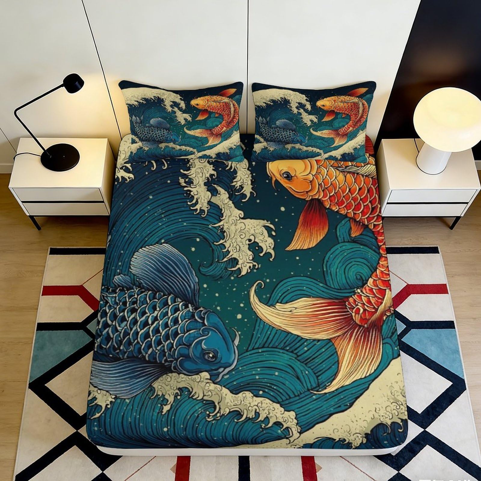 Zfldkwgb Style-9 3D Printed Koi Fish Fitted Sheet Microfiber Orange Blue Japanese Wave Bed Cover For Bedroom Guest Room Decor 90X200x25cm