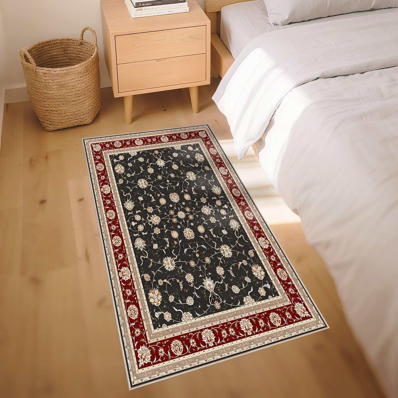 Anti Rutsch Teppich Bettvorleger Schwarz 190x270cm, Weicher Großer Rote Retro Blumen Muster für Büro Korridor