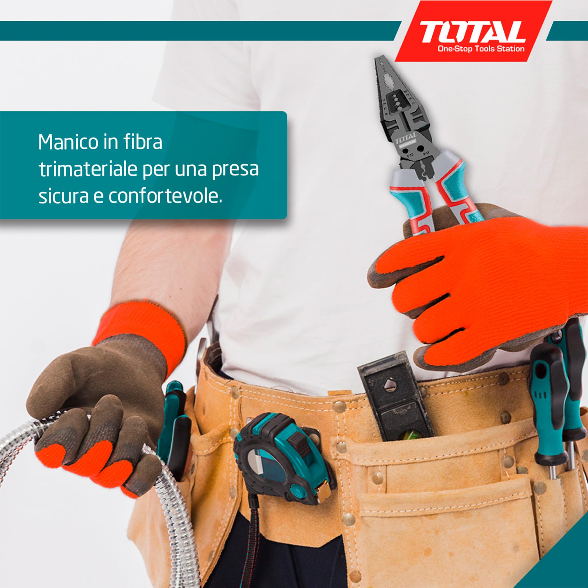 TOTAL - Pinza Multifunzionale 8 in 1 – 200 mm - Funzioni di Taglio, Sgrossatura, Fissaggio Chiodi - Acciaio Cr-V con Teflon - Manico Ergonomico Trimateriale - Forza Rinforzata