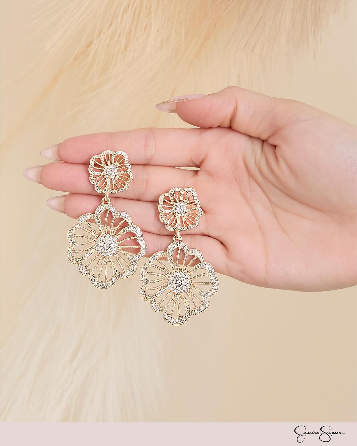 Jessica Simpson Clear Pave Crystal Flower Dangle Earrings for Women, Flower Drop Earrings Gold-Tone - Image 4