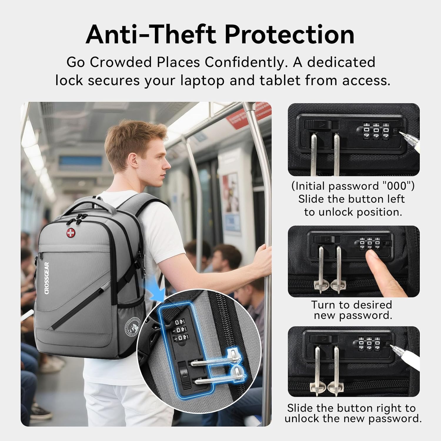 CROSSGEAR Large Travel Backpack Anti-Theft Laptop Bag with Password Lock Water Resistant Bookbag Airline Approved Business Work Computer Bag with USB Charging Port Fit 17.3 Inch Laptops for Men Women