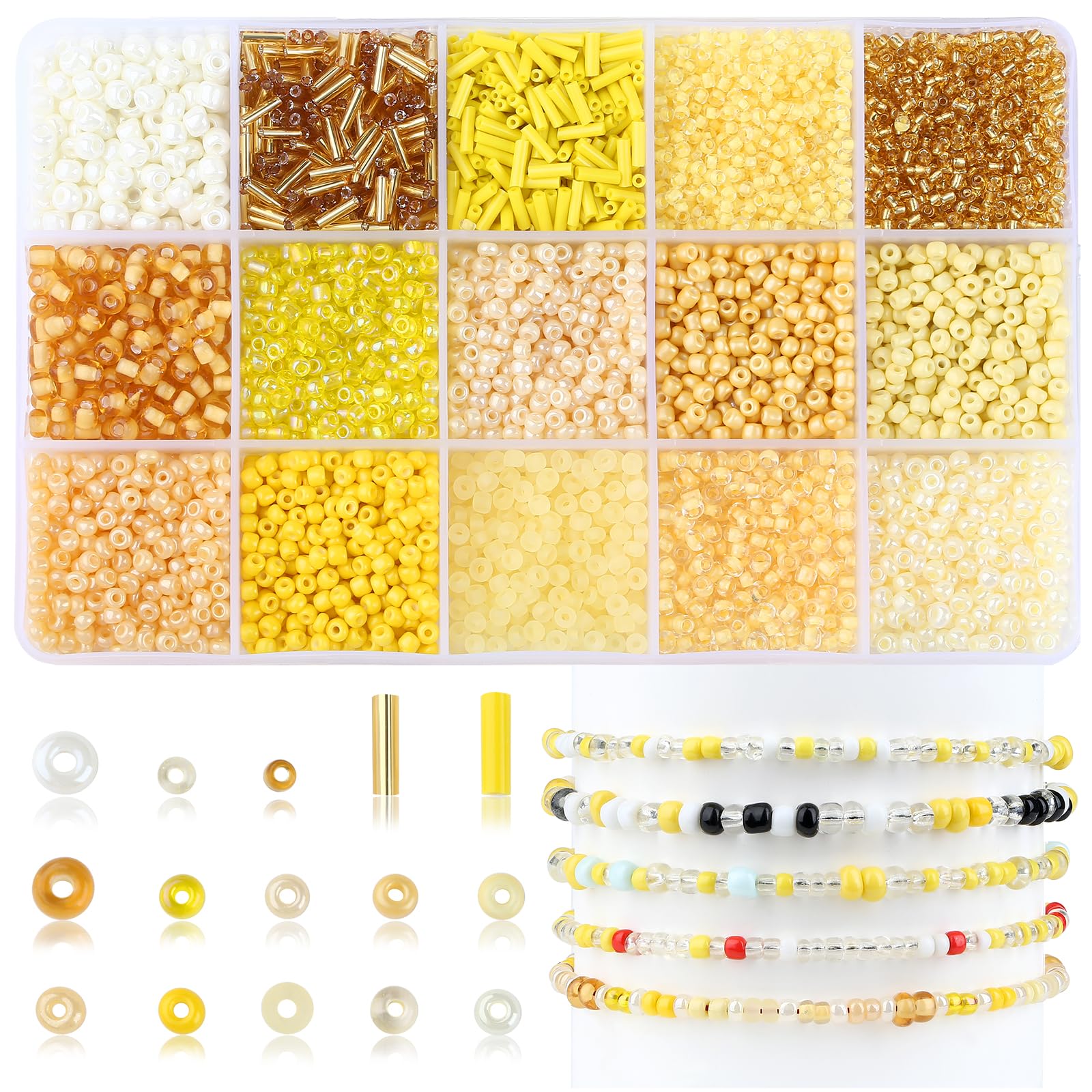 AWARDSEN Yellow Seed Beads Small Tube Beads Embroidery Beads Kits 15 Color Yellow Glass Beads for Jewellery Making DIY Crafting 4mm 3mm 2mm Small Bead