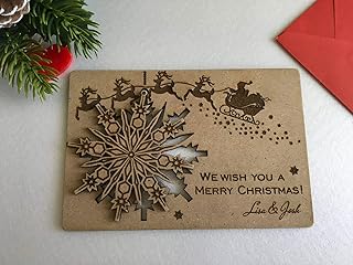 Personalized Christmas Card We Wish You a Merry Christmas Wooden Greeting Cards Laser Cut Wood Snowflake Family Gift Engraved Names Rustic Hanging Tree Ornament Reindeer Xmas Holiday Decor Custom Text