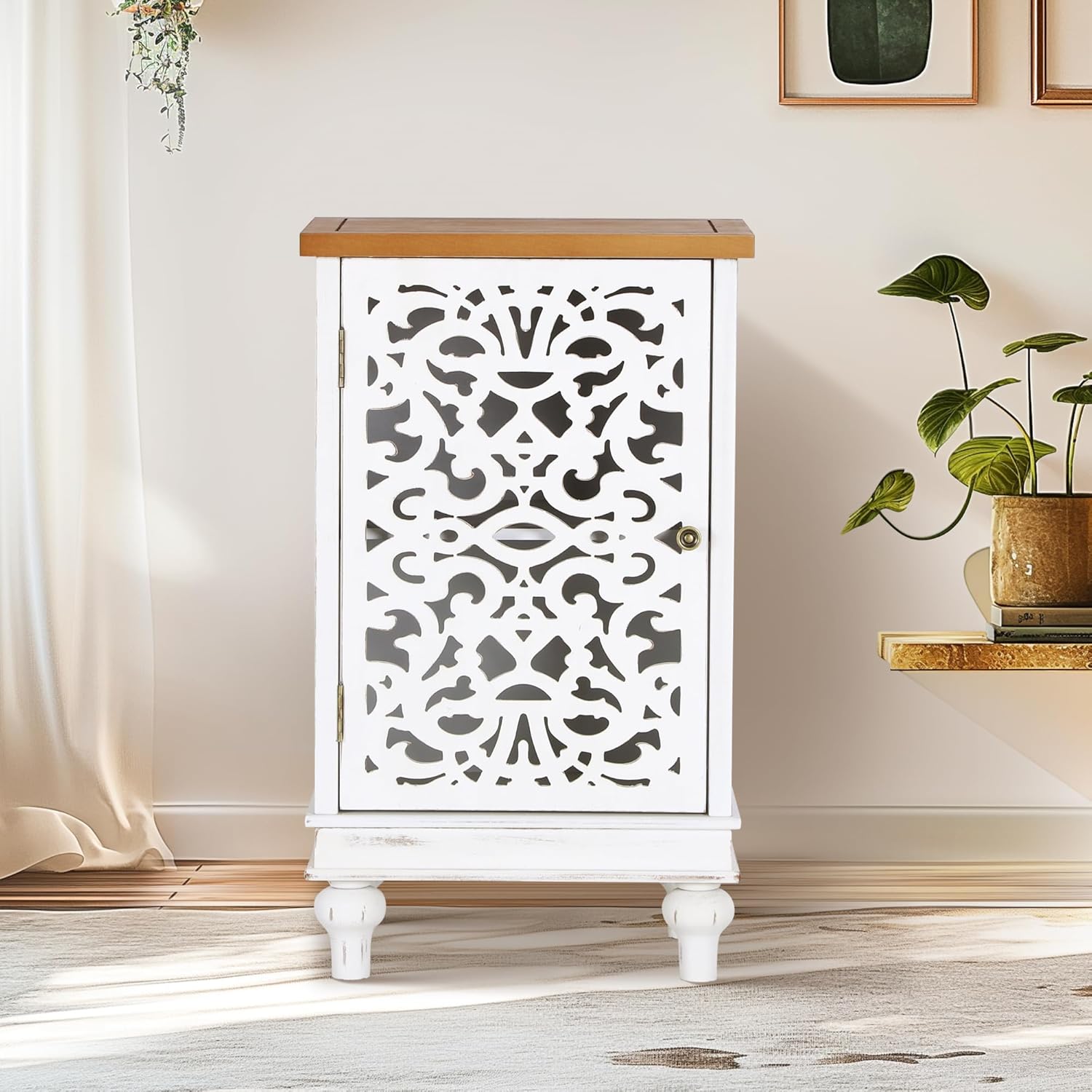 PHI VILLA Small Accent Storage Cabinet with Single Door - Decorative Nightstand for Living Room Bedroom, End Side Table Cabinet White