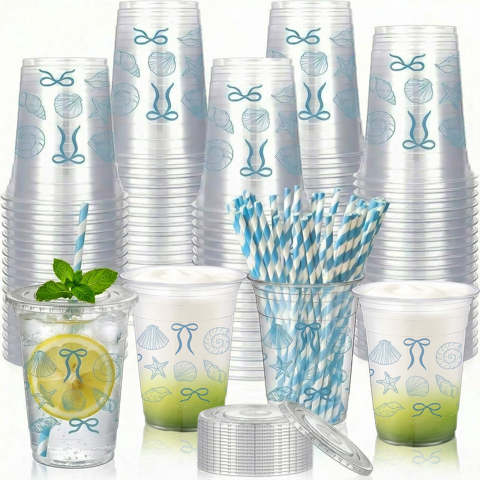 Photo 1 of Sliner 50 Pcs 16 oz Coquette Disposable Plastic Cups with Straw for Party Supplies Bow Cups Birthday Wedding Bridal Engagement Party Drinkware Baby Shower Decoration (Blue Bow Starfish and Seashell)