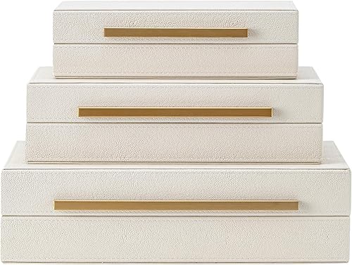Miniatura 8 de Joyero apilable de piel sintética grande y moderna con organizador de tapas, juego de 3 cajas de almacenamiento decorativas Shagreen beige con asas