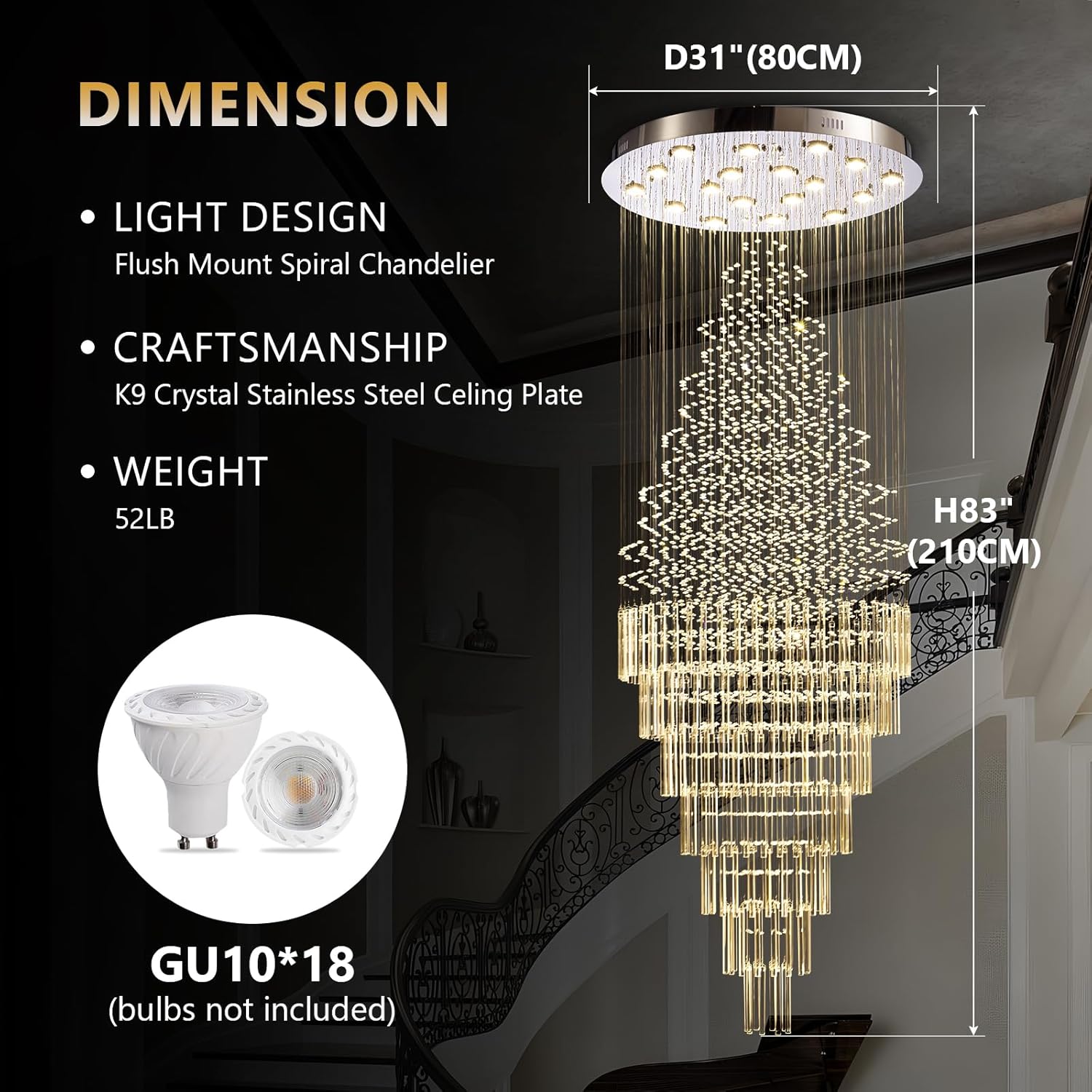Foyer Crystal Chandelier, Large Modern Staircase Chandeliers for High Ceilings Entryway Foyer Lighting Fixtures, D31.5 xH82.7