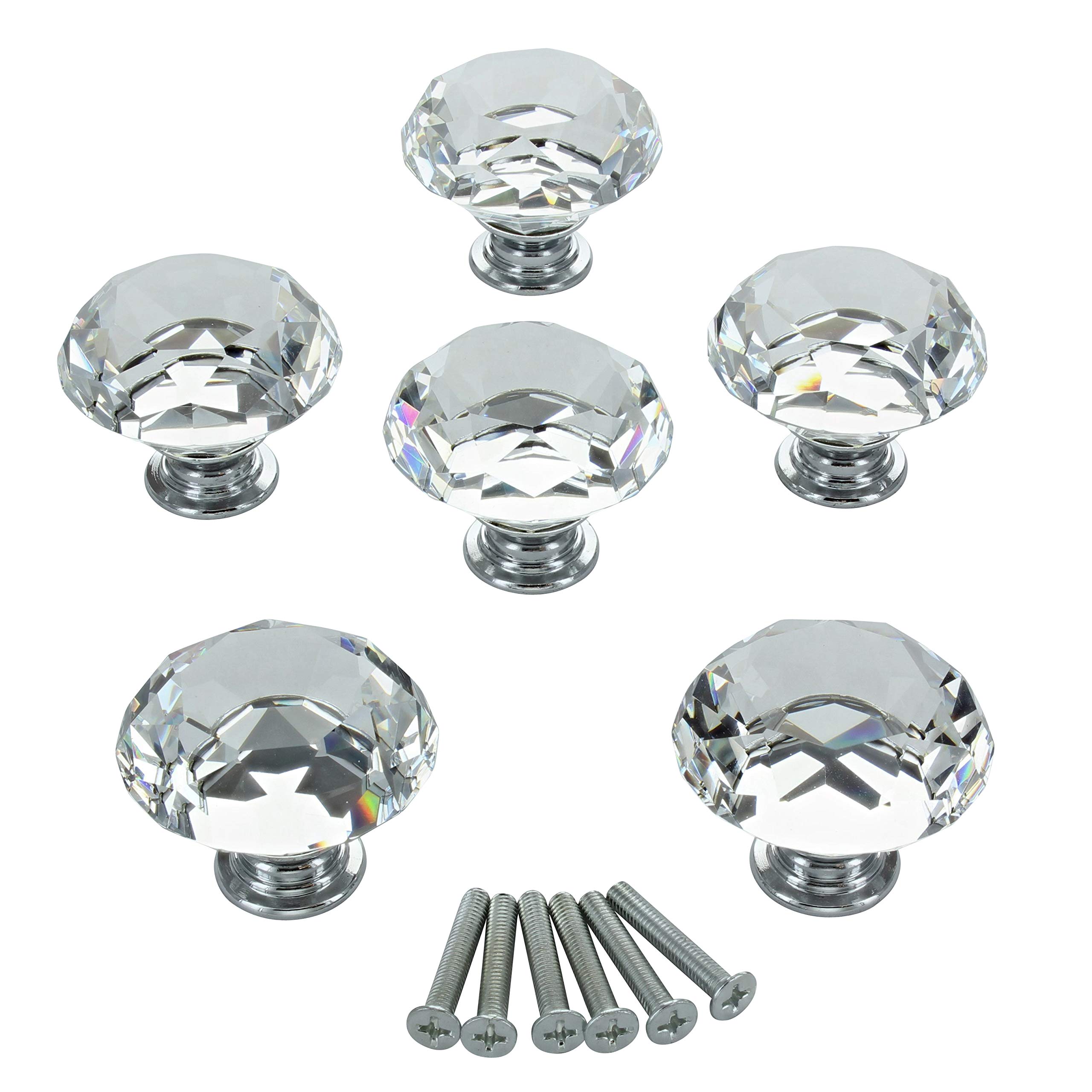 G Decor Chrome,Silver Short Diamond Crystal Glass Door Knobs Set, Vintage, Shabby Chic, Interior Furniture, Kitchen Bathroom Bedroom Accessories, Cabinet Cupboard Drawers Pulls Handles, 40Mm (6-Pack)