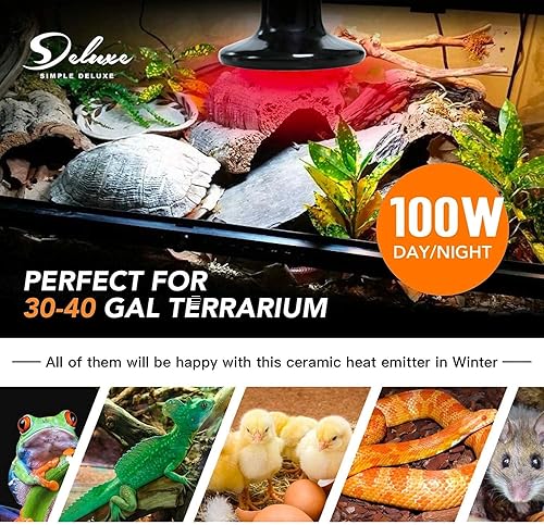 Miniatura 8 de Simple Deluxe Paquete de 2 lámparas de calor de cerámica de 100 W, emisor de calor para reptiles, bombilla sin luz con termómetro digital gratis,