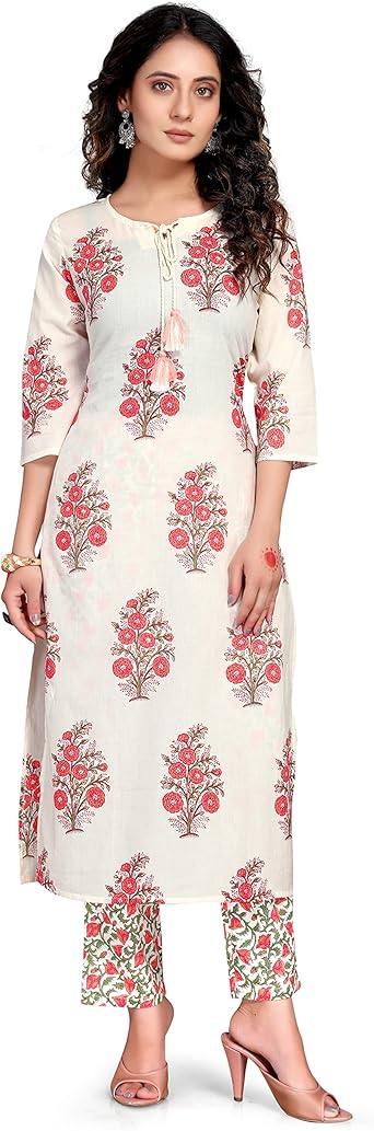 Amazon.com: Rajnandini Kurta con pantalón estampado de algodón puro de  color blanco para mujer (talla L) : Ropa, Zapatos y Joyería