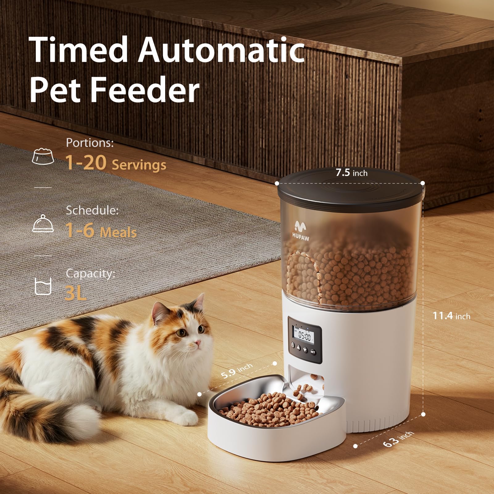 IMIPAW Automatic Cat Feeder, 3L Timed Pet Dry Food Dispenser with Clog-Free Design, Auto Feeder for Cats, 1-6 Meals Per Day, Desiccant Bags, with Stainless Steel view 6