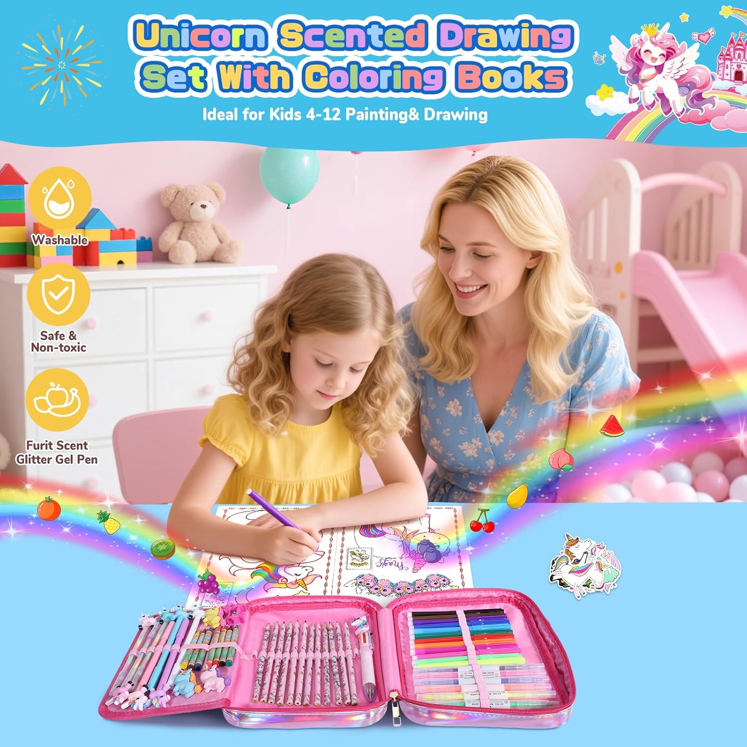 73PCS Unicorn Washable Markers Set with Glitter Pencil Case, Art Supplies and Craft for Girls Ages 4-6-8,Kids Coloring Drawing Kit with Marker,Colored Pencil,Crayon,Gel Pen,Birthday Gift Toys for Girl