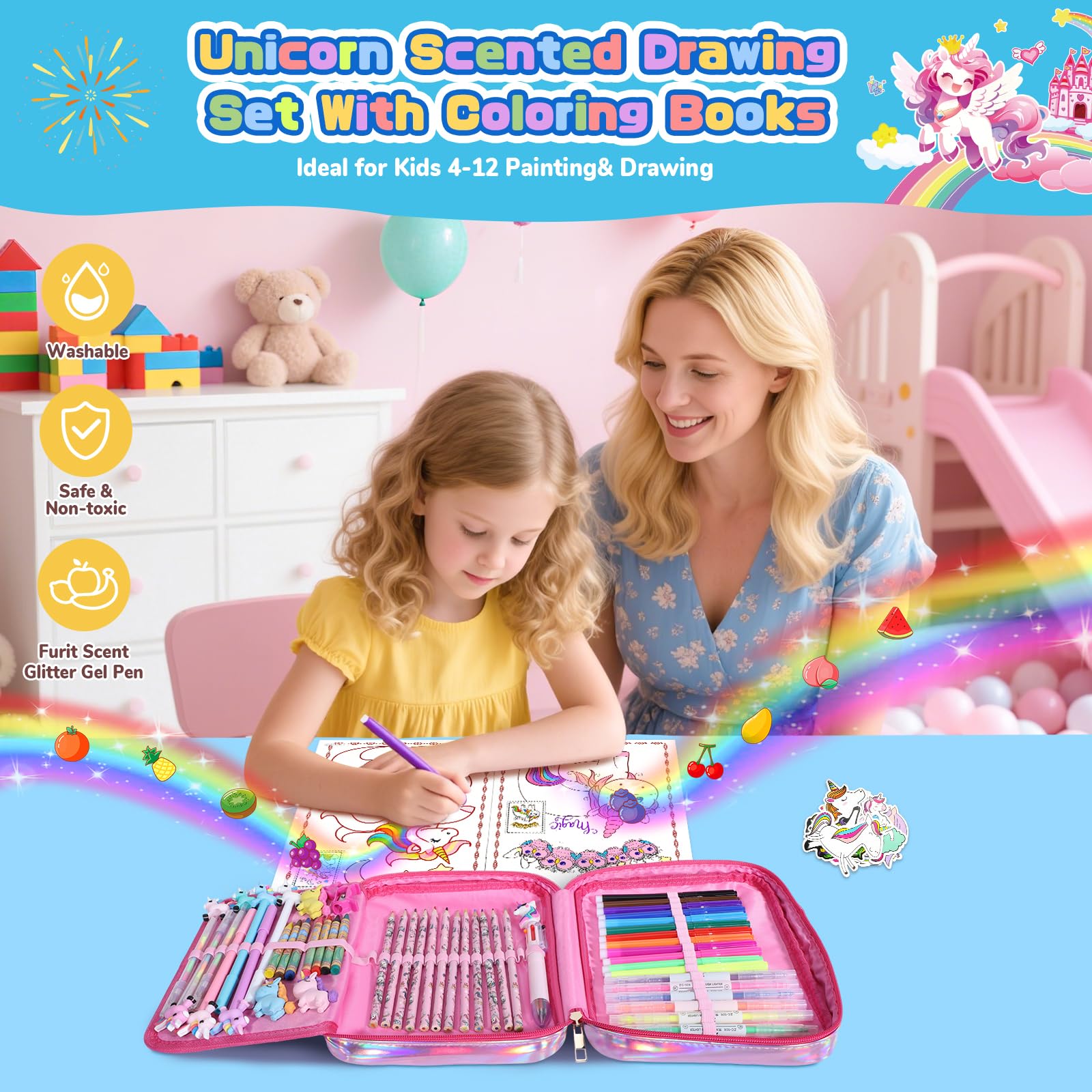 DreamyCandy Set di pennarelli lavabili con astuccio per il trasporto, forniture artistiche per bambini dai 4 ai 6 - 8 anni, set da colorare con adesivi, regalo di compleanno per ragazze di 4, 5, 6, 7