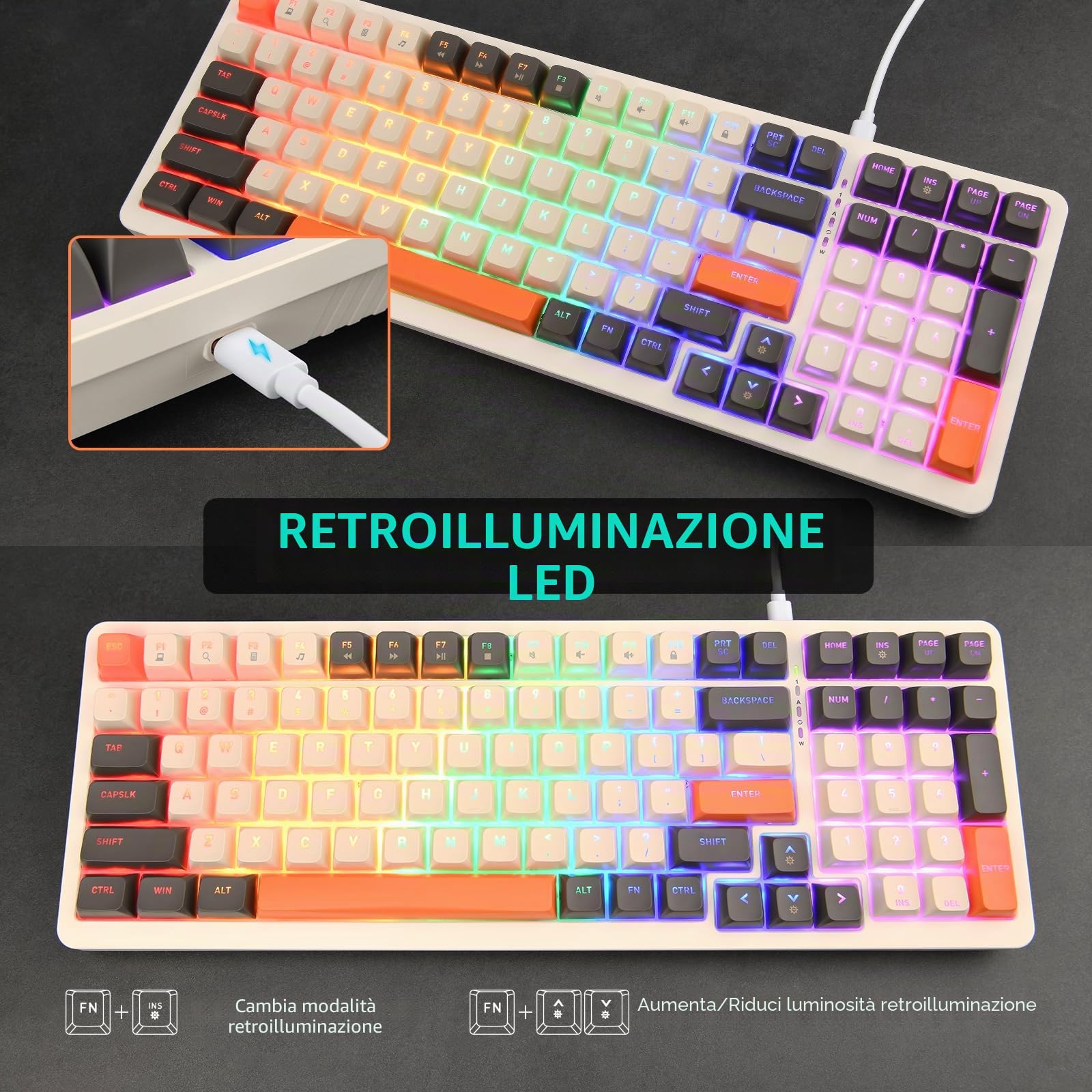 Rii Tastiera da gioco RK909 cablata Manchine, tastiera compatta per PC con blocco numerico, layout 96% 100 tasti con retroilluminazione, interruttore rosso per Mac/Windows/Chrome/Linux