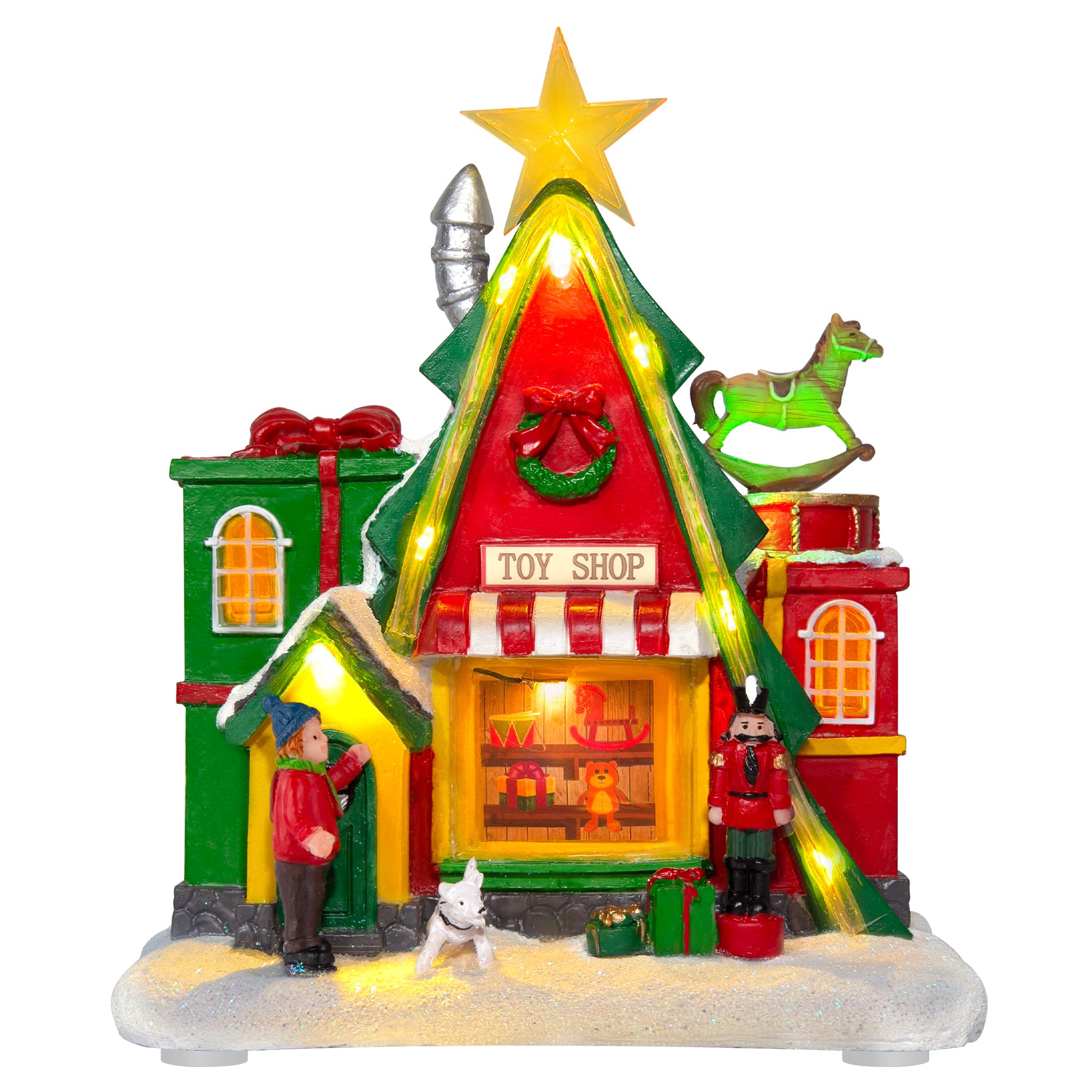 Maison de village musicale lumineuse à DEL – 18 cm – Boutique de cadeaux triangulaire – Décoration de maison de village de Noël – Bâtiments de collection pour la maison, la salle de bal et le