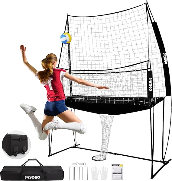 PLYOGO Volleyball Training Equipment, Adjustable Volleyball Practice Net Station | Great for Hitting and Serving Drills, Folding One-Piece Base | Easy Assembly & Portable Carry Bag with Wheel