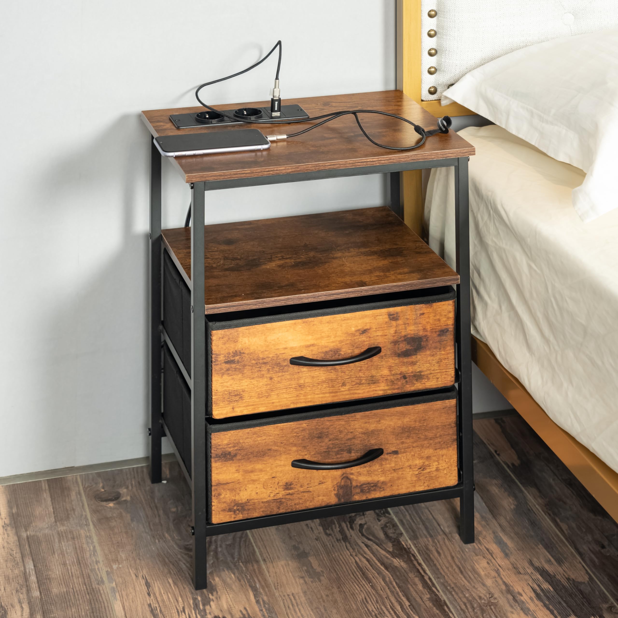 FurnitureR Set von 2 Nachttisch mit LED Ladefunktion, Beistelltisch mit 2 Schubladen. 2 AC Ports.2 USB Ports Nachttische, Endtische für Wohnzimmer, Schlafzimmer, Vintage Braun,40 * 30 * 60cm